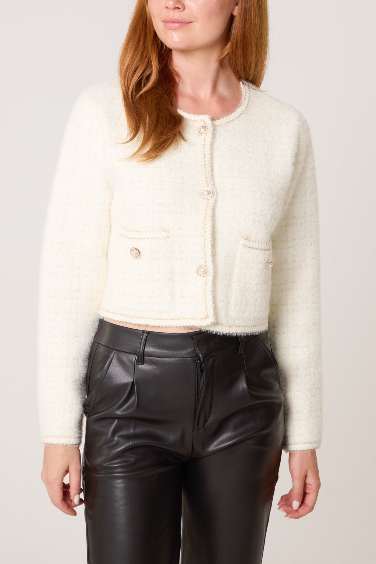 Pearl Button Check Knit Cardigan