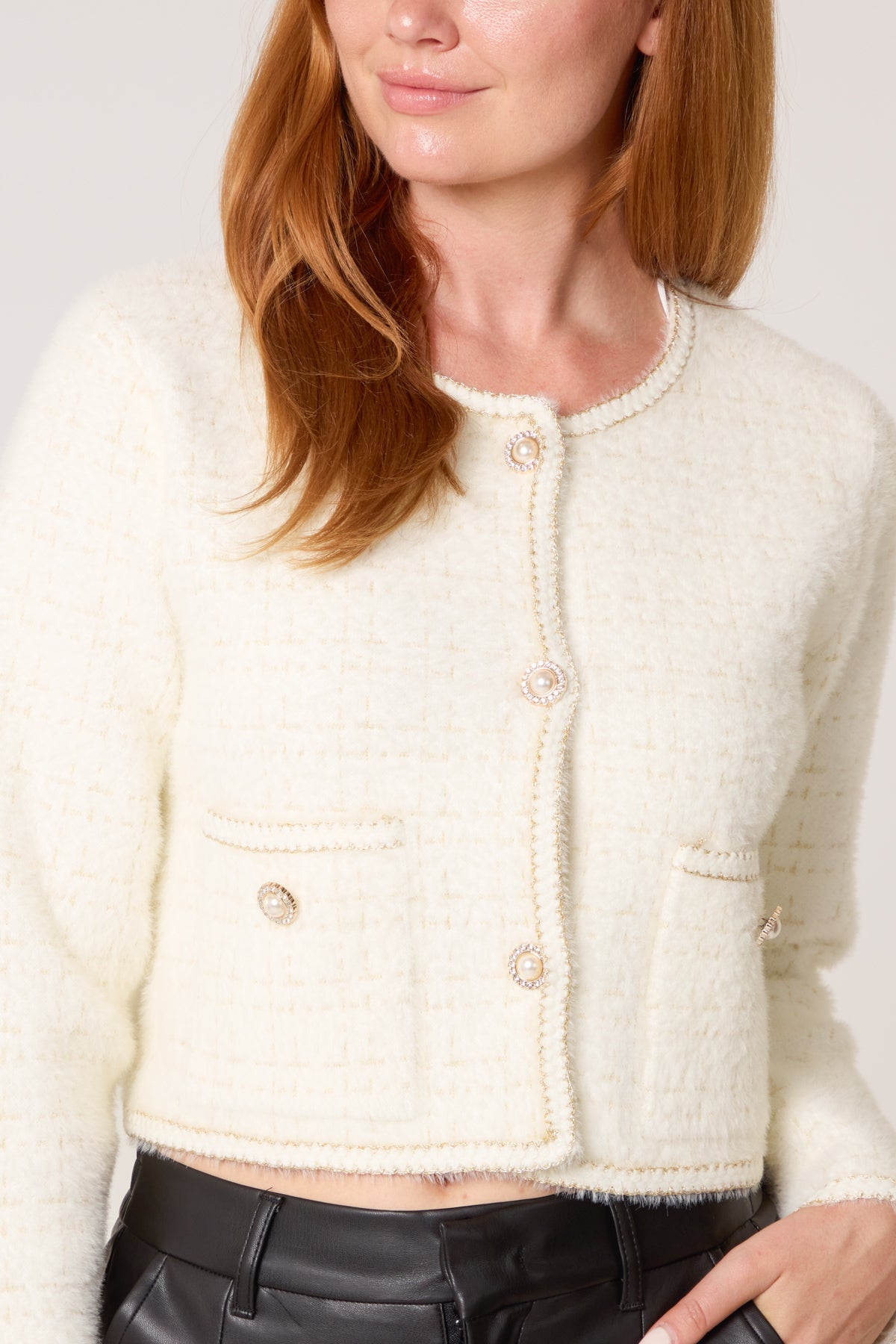 Pearl Button Check Knit Cardigan