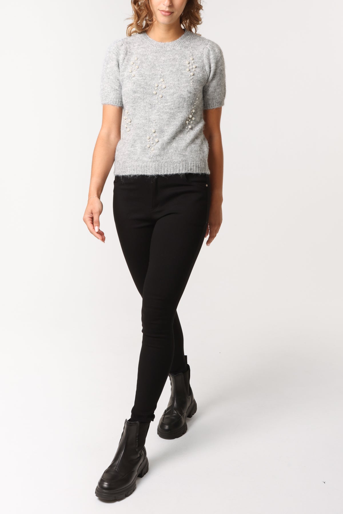 Pearl Embellished Short Sleeve Knit Jumper