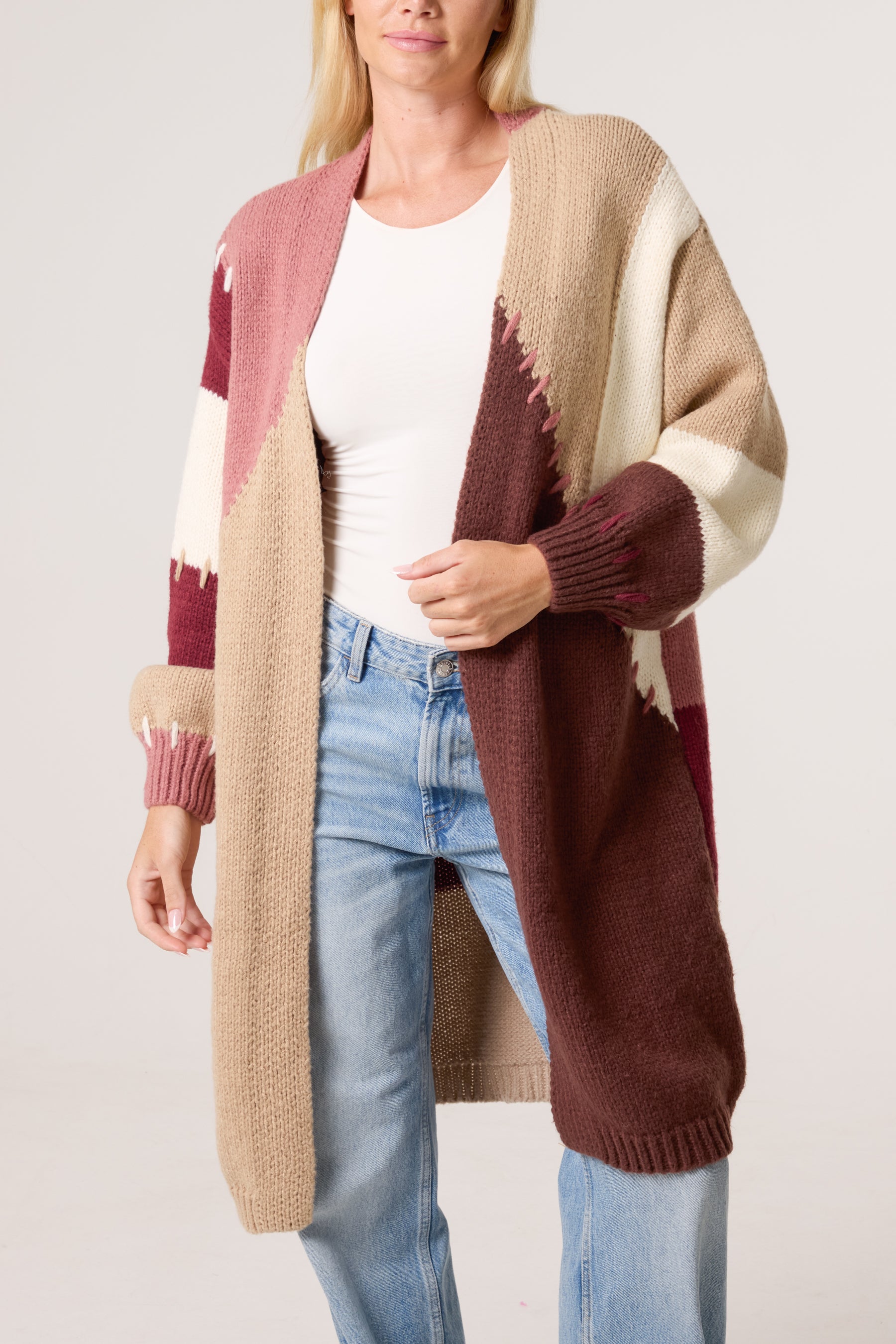 Stitch Hem Knit Colourblock Cardigan