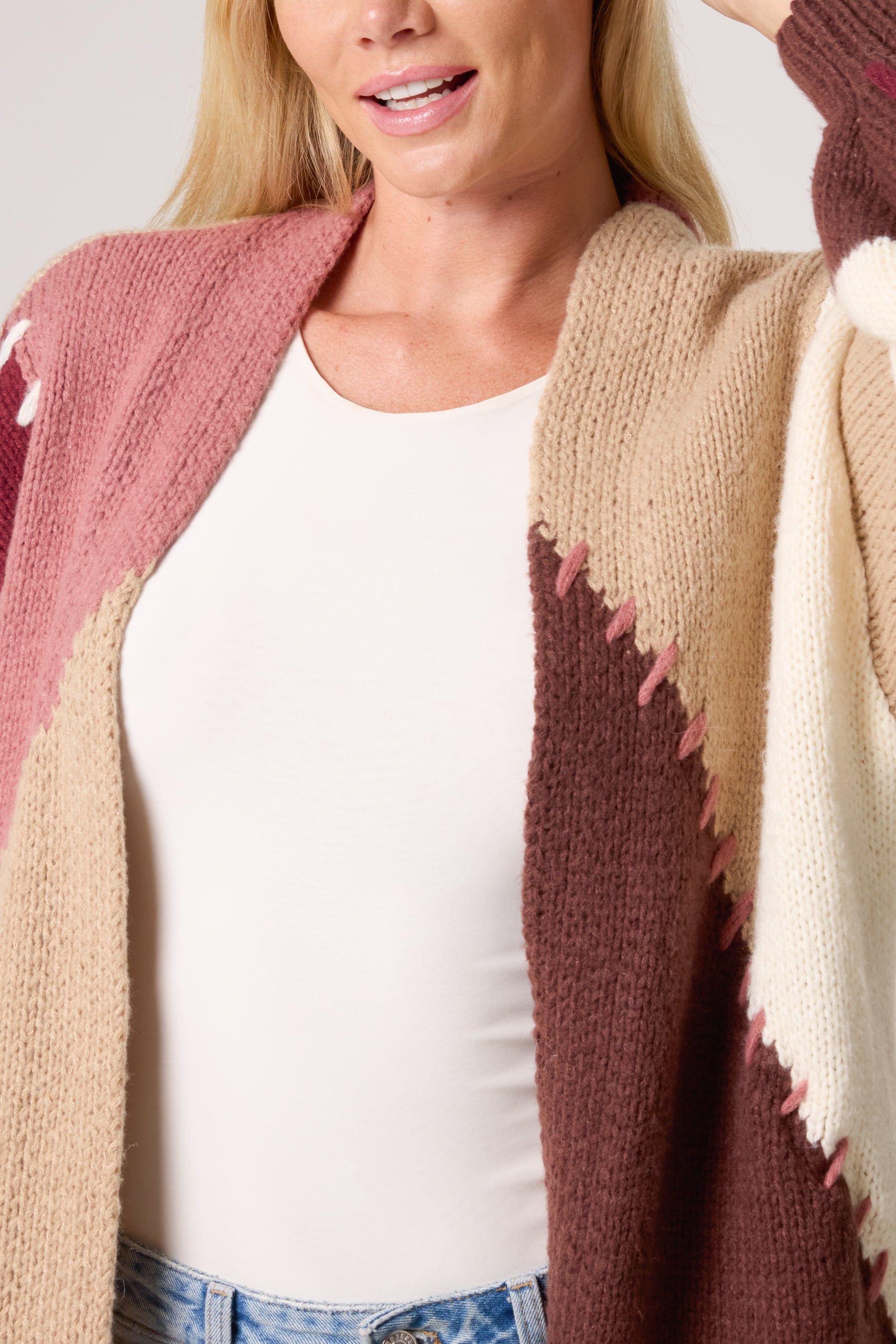 Stitch Hem Knit Colourblock Cardigan