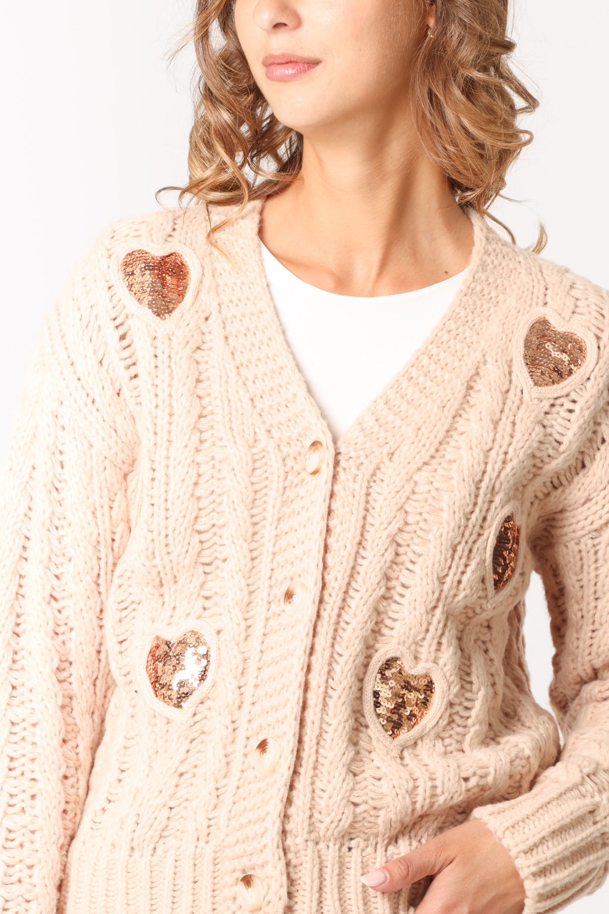 Sequin Heart Cable Knit Cardigan