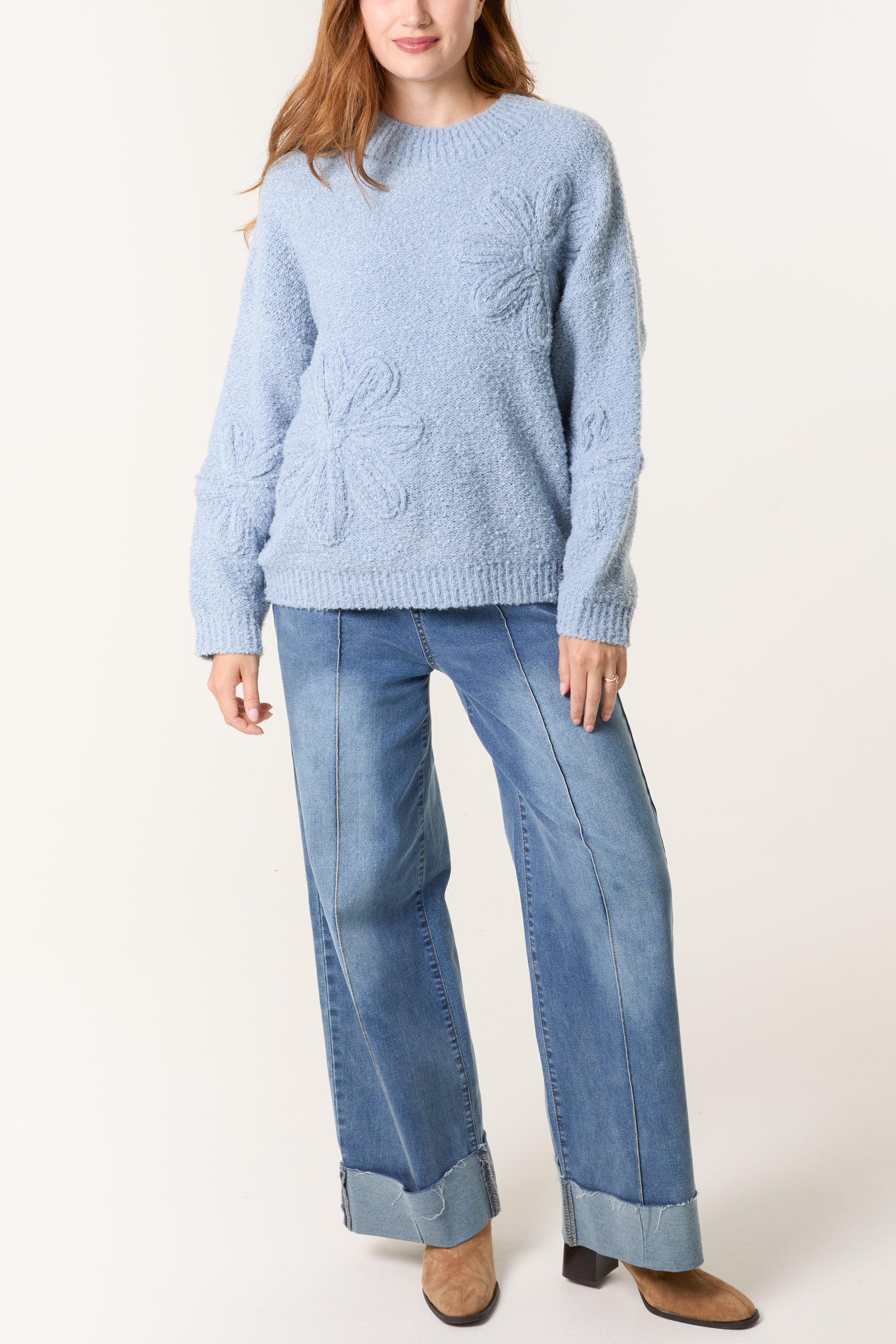Soft Knit Flower High Crew Neck Jumper