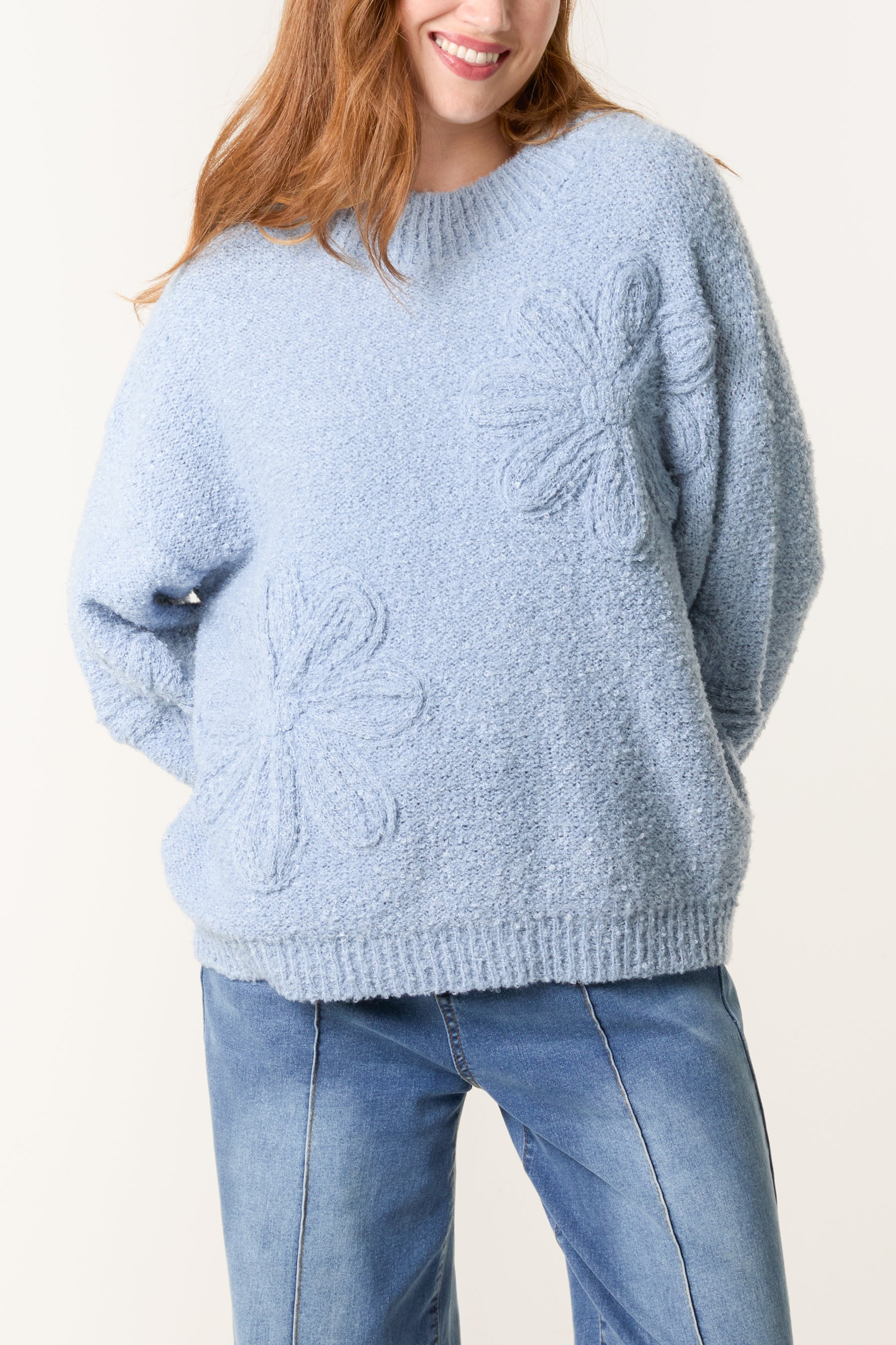 Soft Knit Flower High Crew Neck Jumper