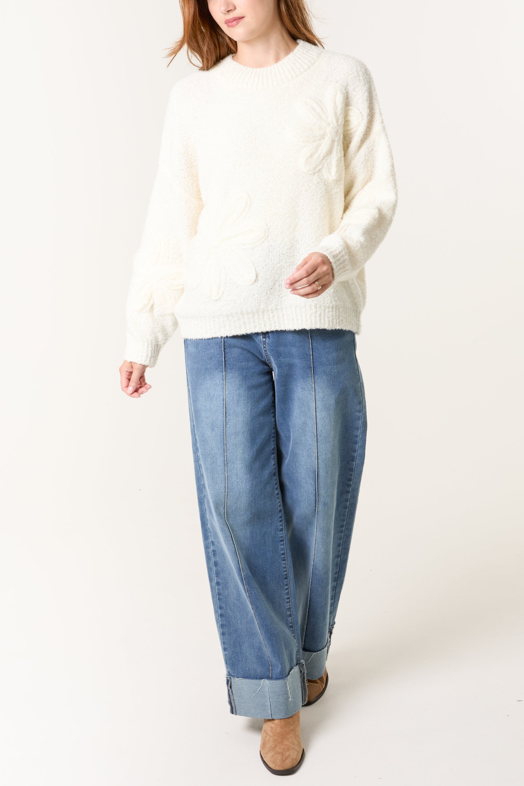Soft Knit Flower High Crew Neck Jumper