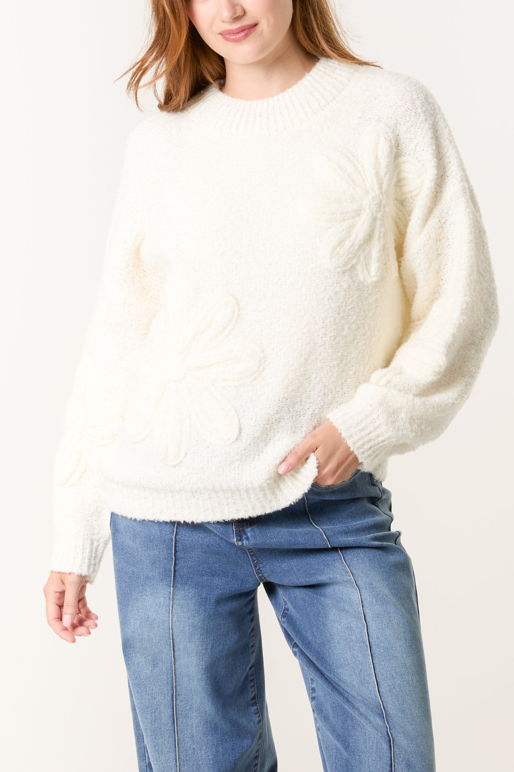 Soft Knit Flower High Crew Neck Jumper