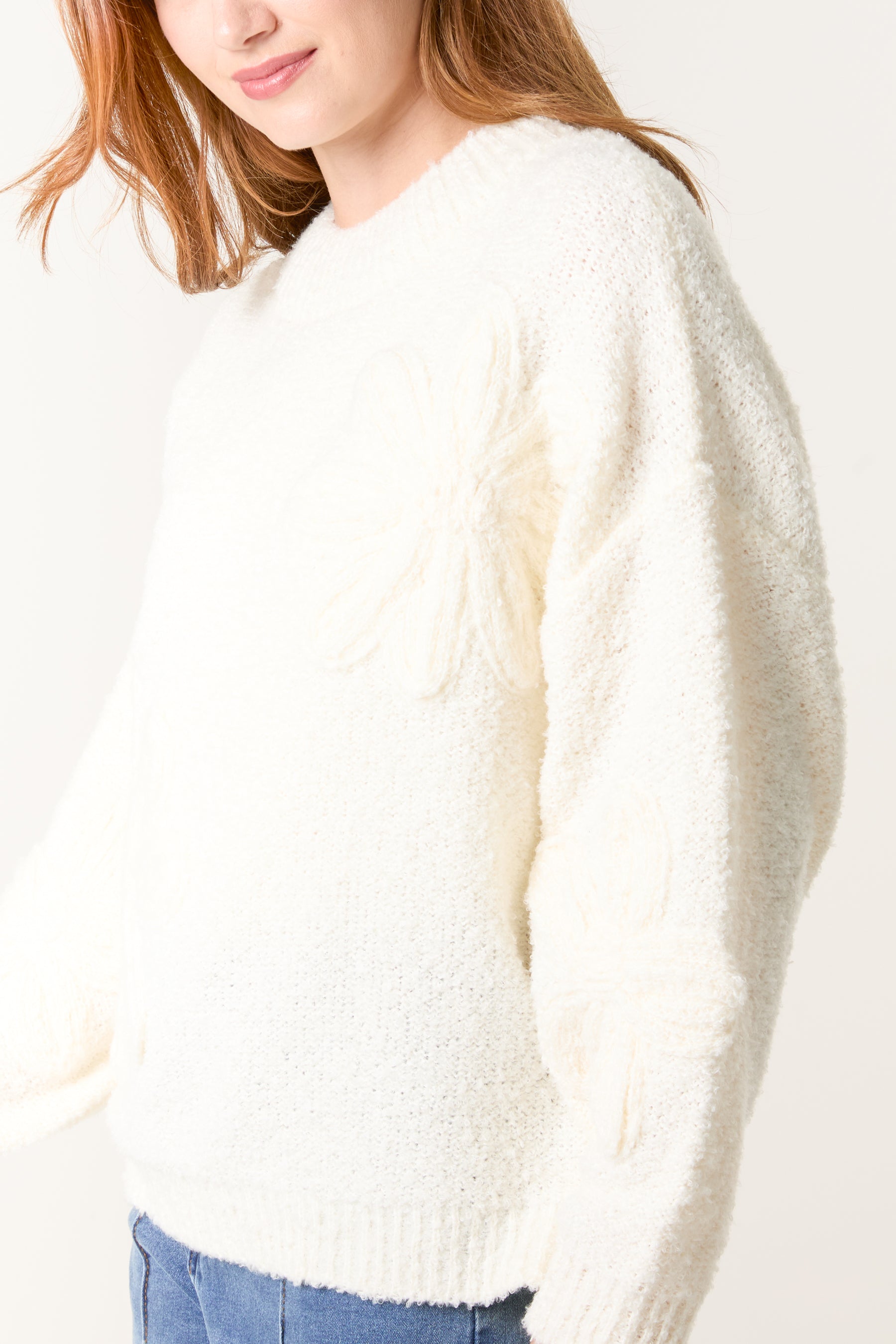 Soft Knit Flower High Crew Neck Jumper
