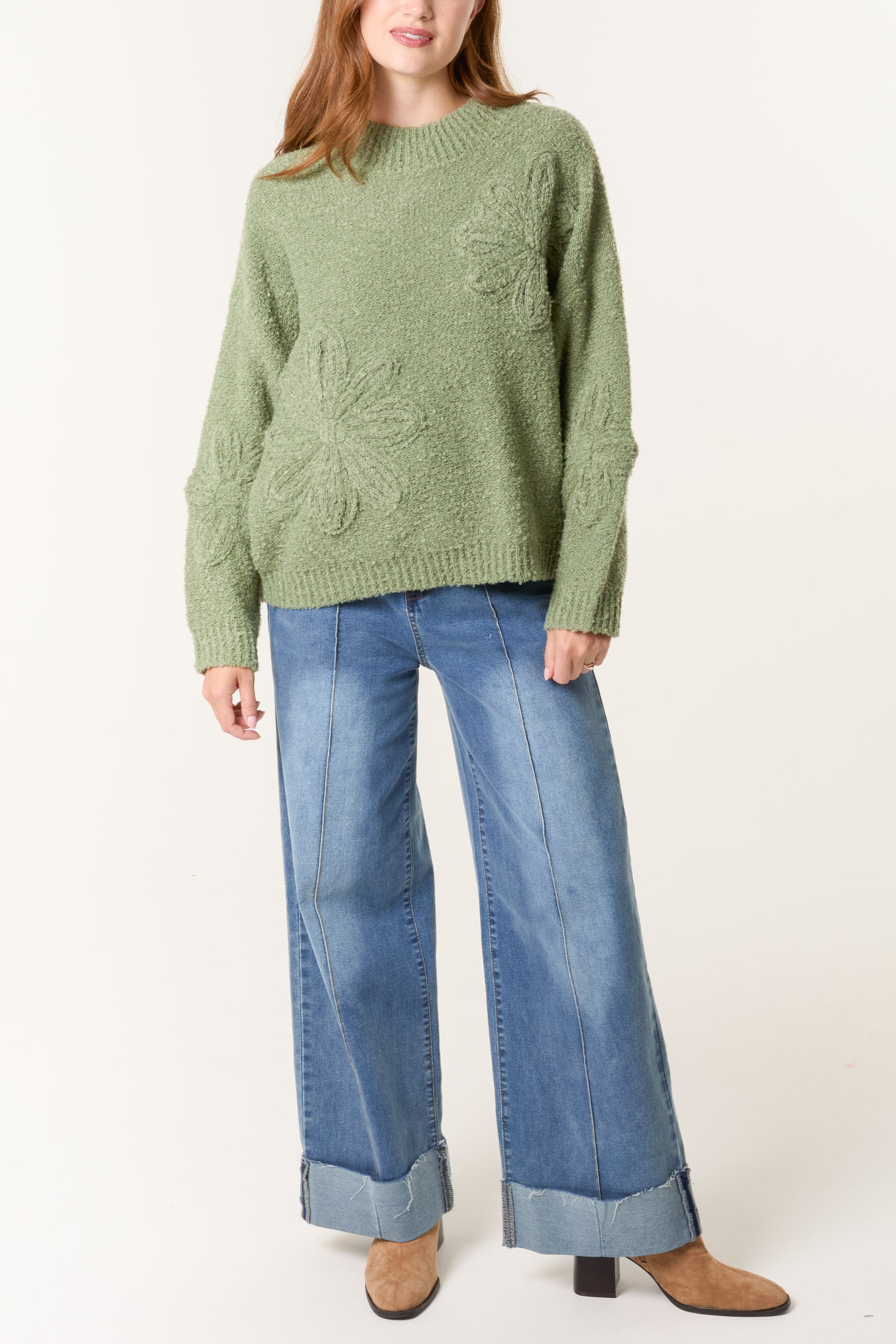 Soft Knit Flower High Crew Neck Jumper