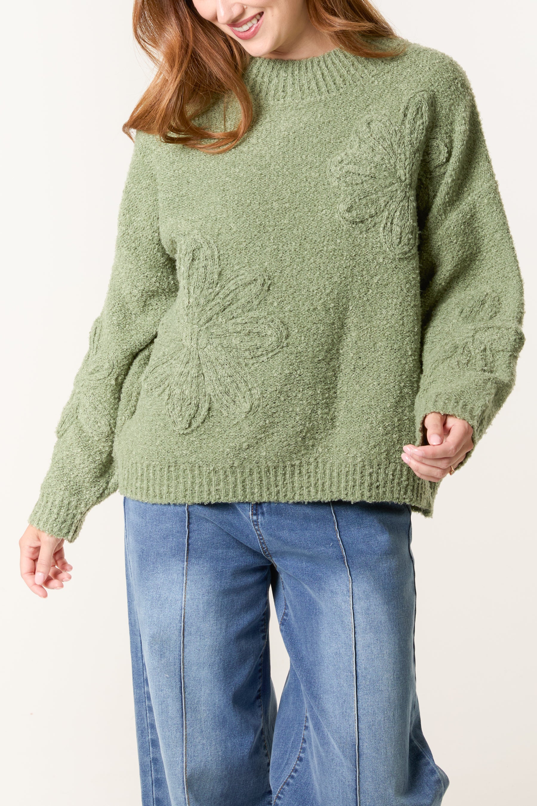 Soft Knit Flower High Crew Neck Jumper