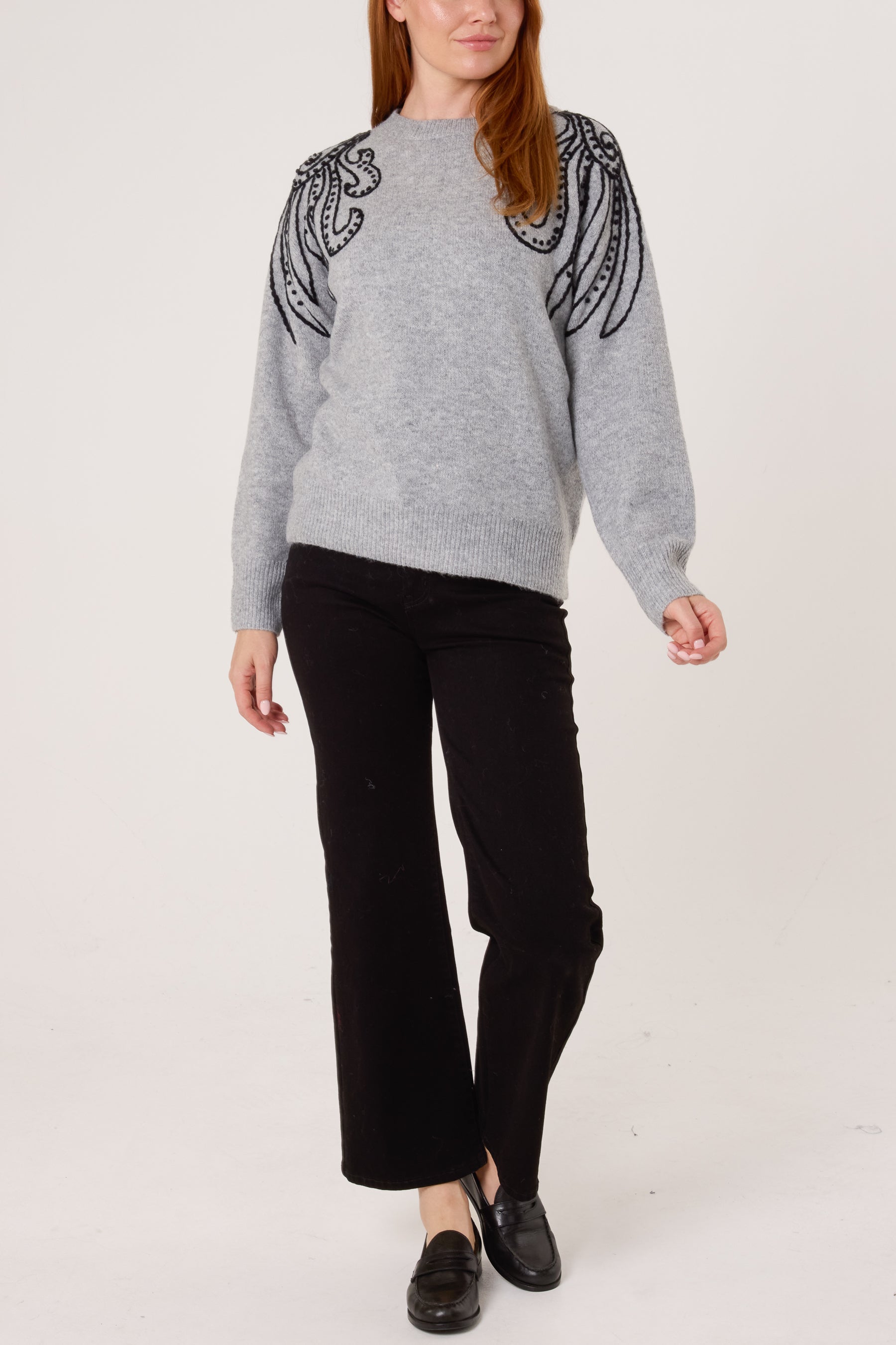 Embroidered Spiral Shoulders Knit Jumper