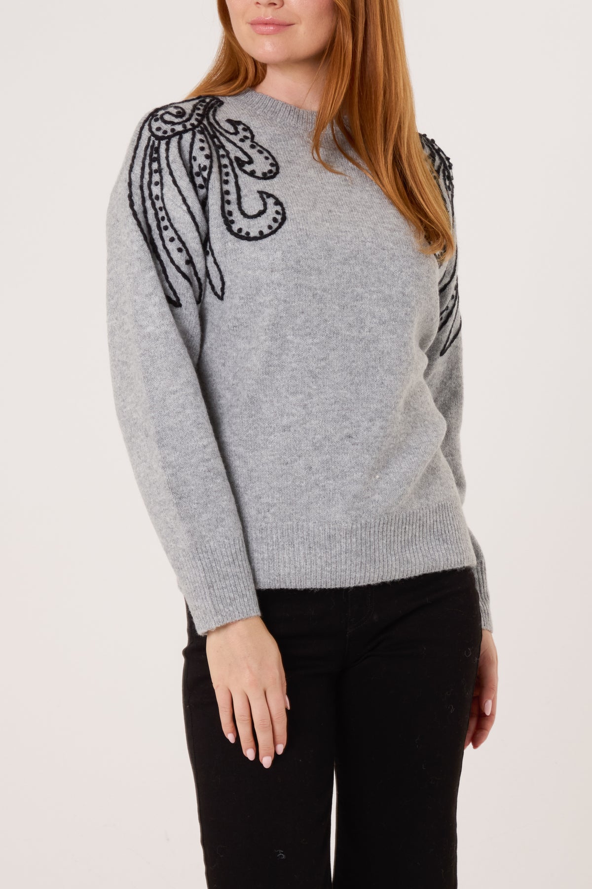 Embroidered Spiral Shoulders Knit Jumper