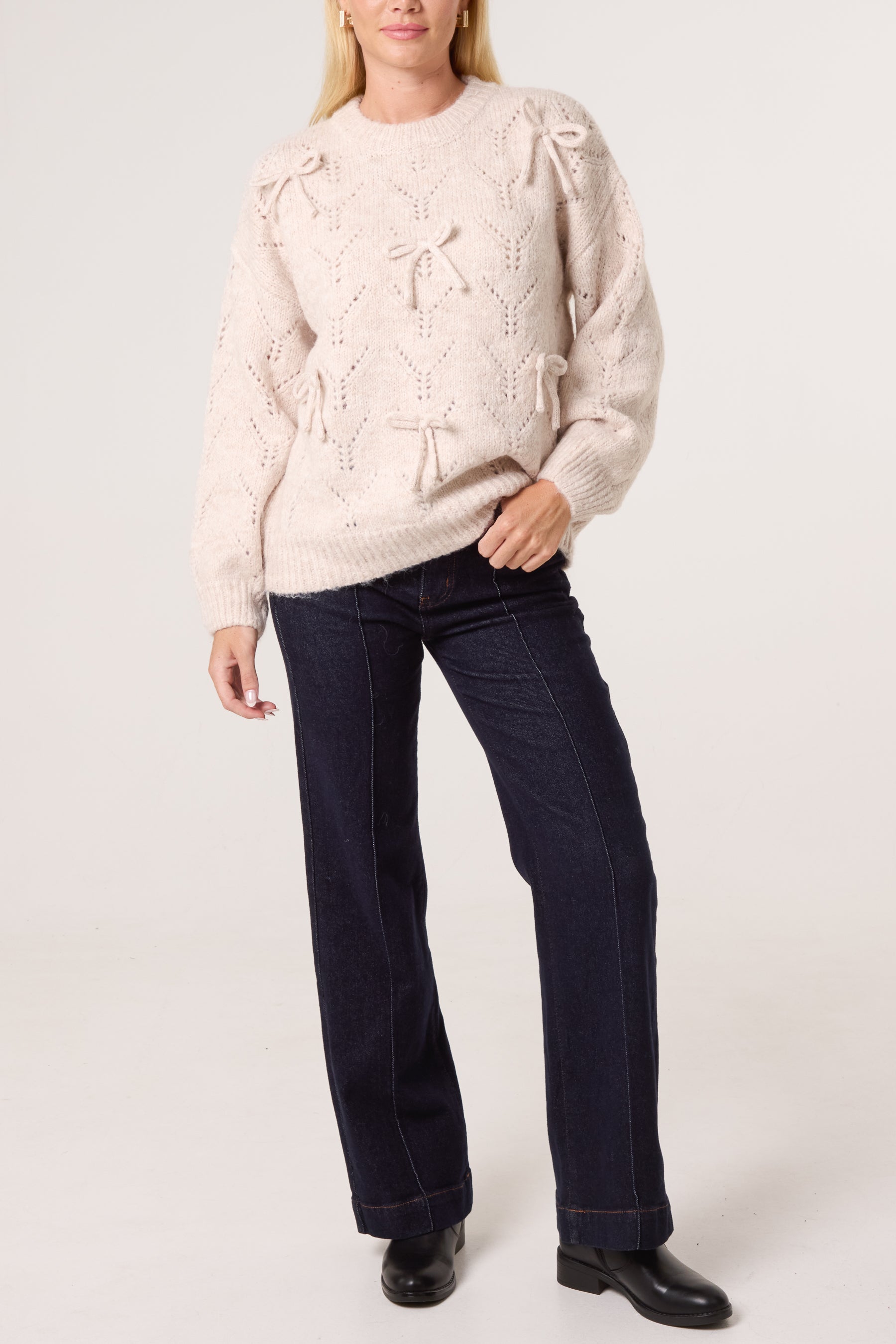 Bow Accent Textured Knit Jumper