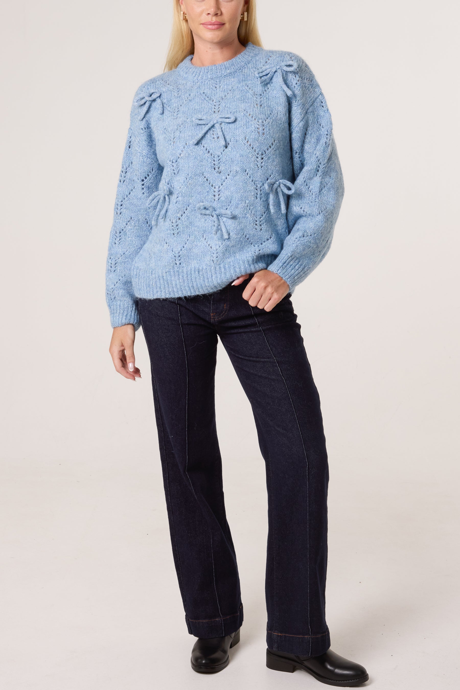 Bow Accent Textured Knit Jumper