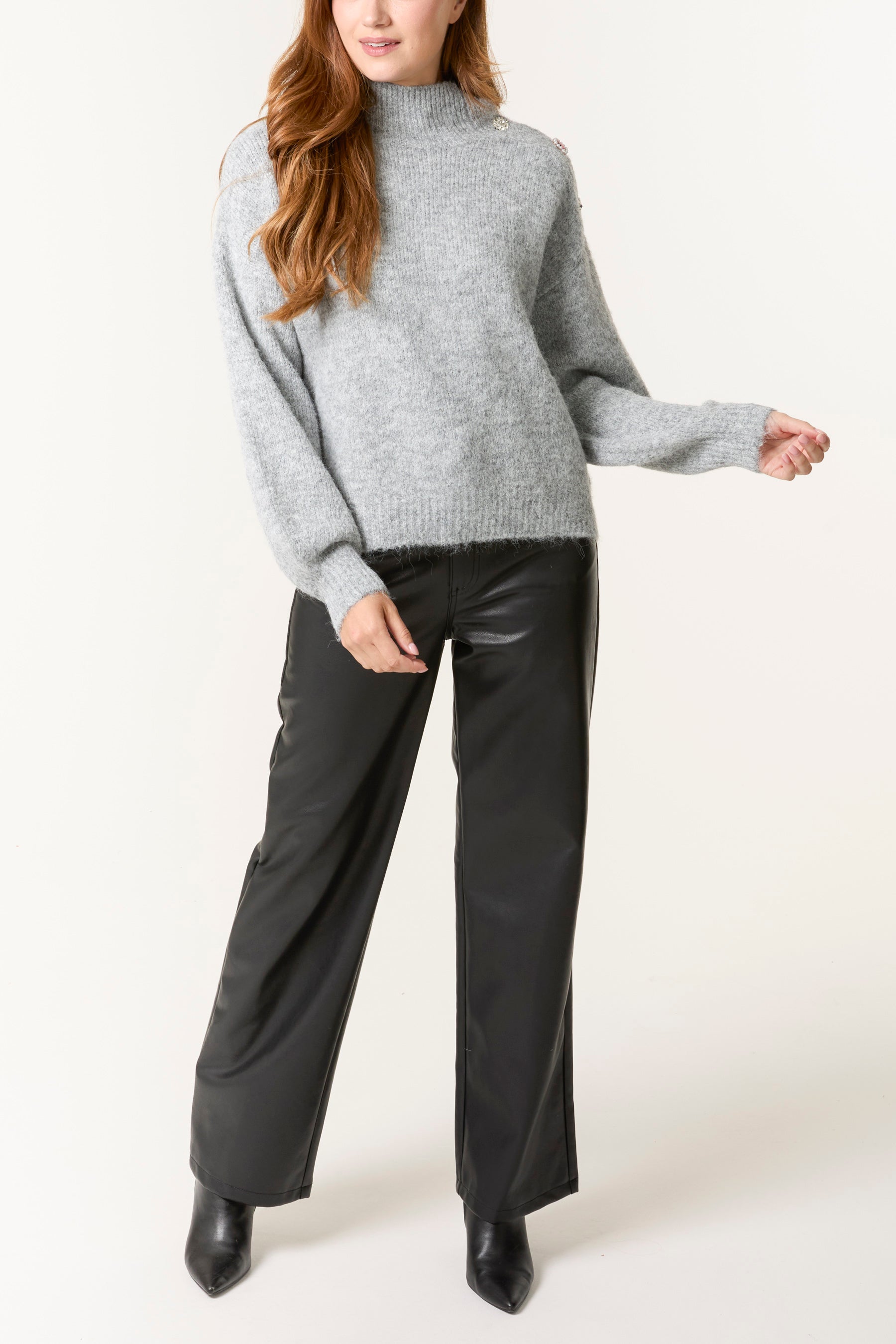 Jewel Shoulder High Neck Knit Jumper