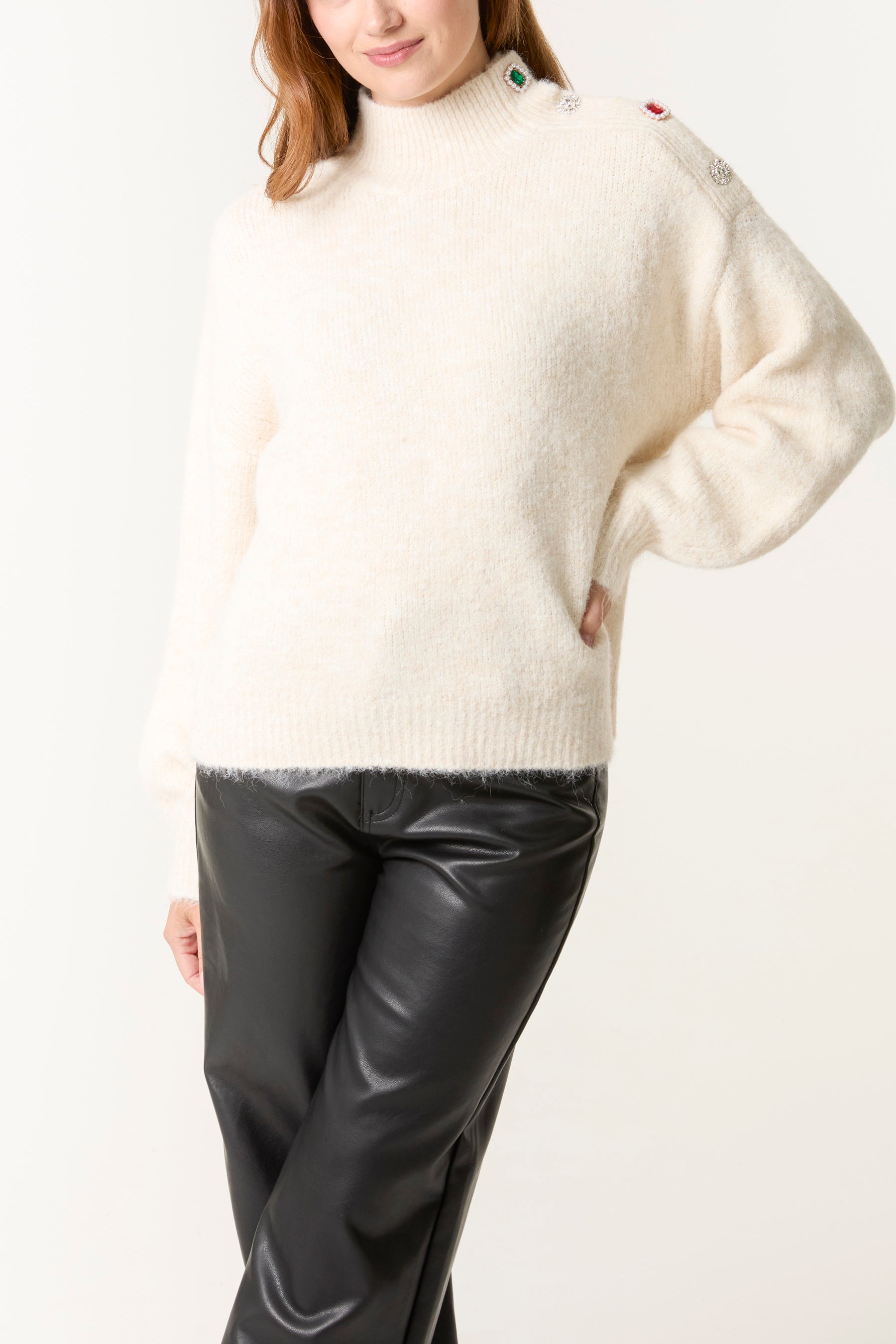 Jewel Shoulder High Neck Knit Jumper