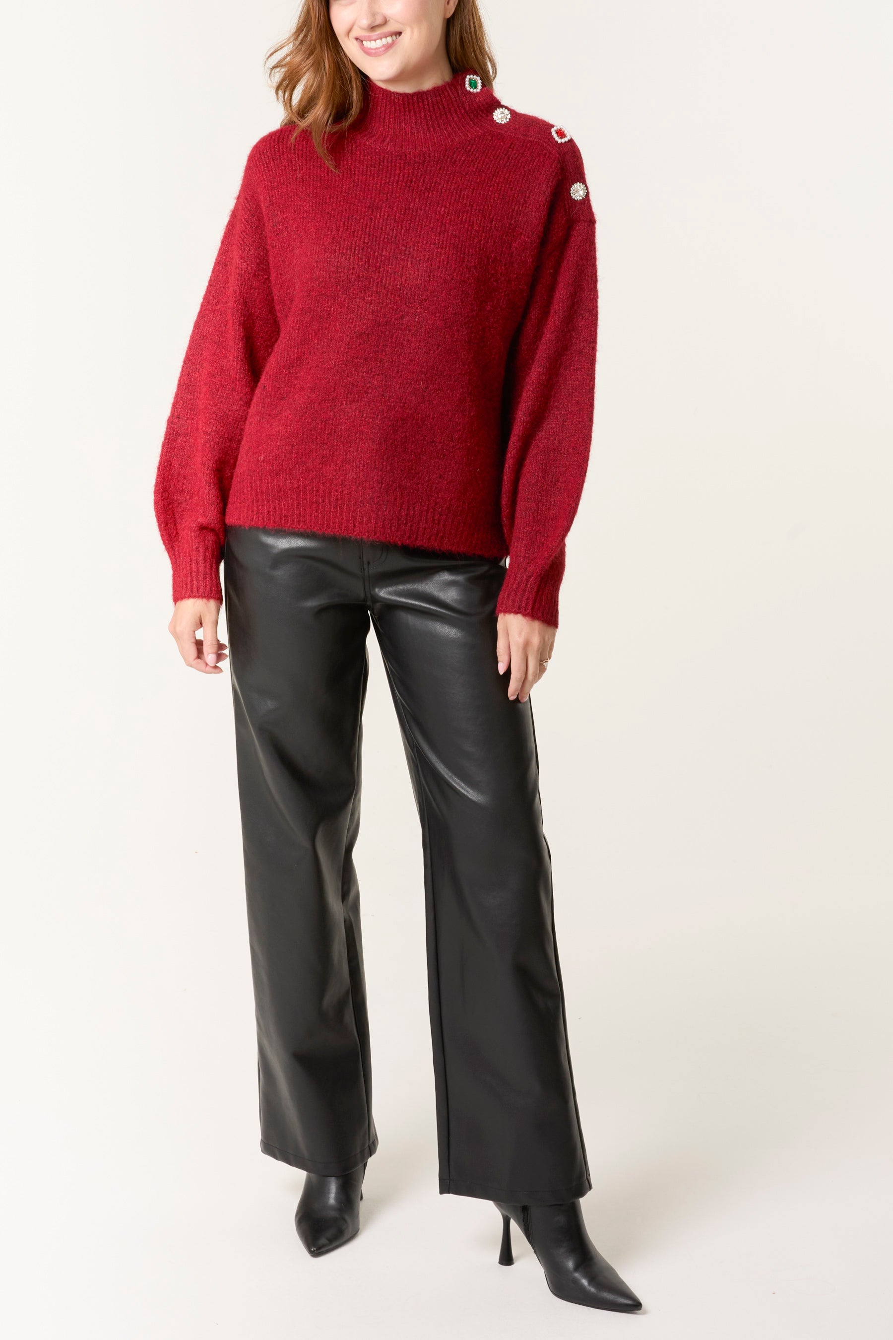 Jewel Shoulder High Neck Knit Jumper