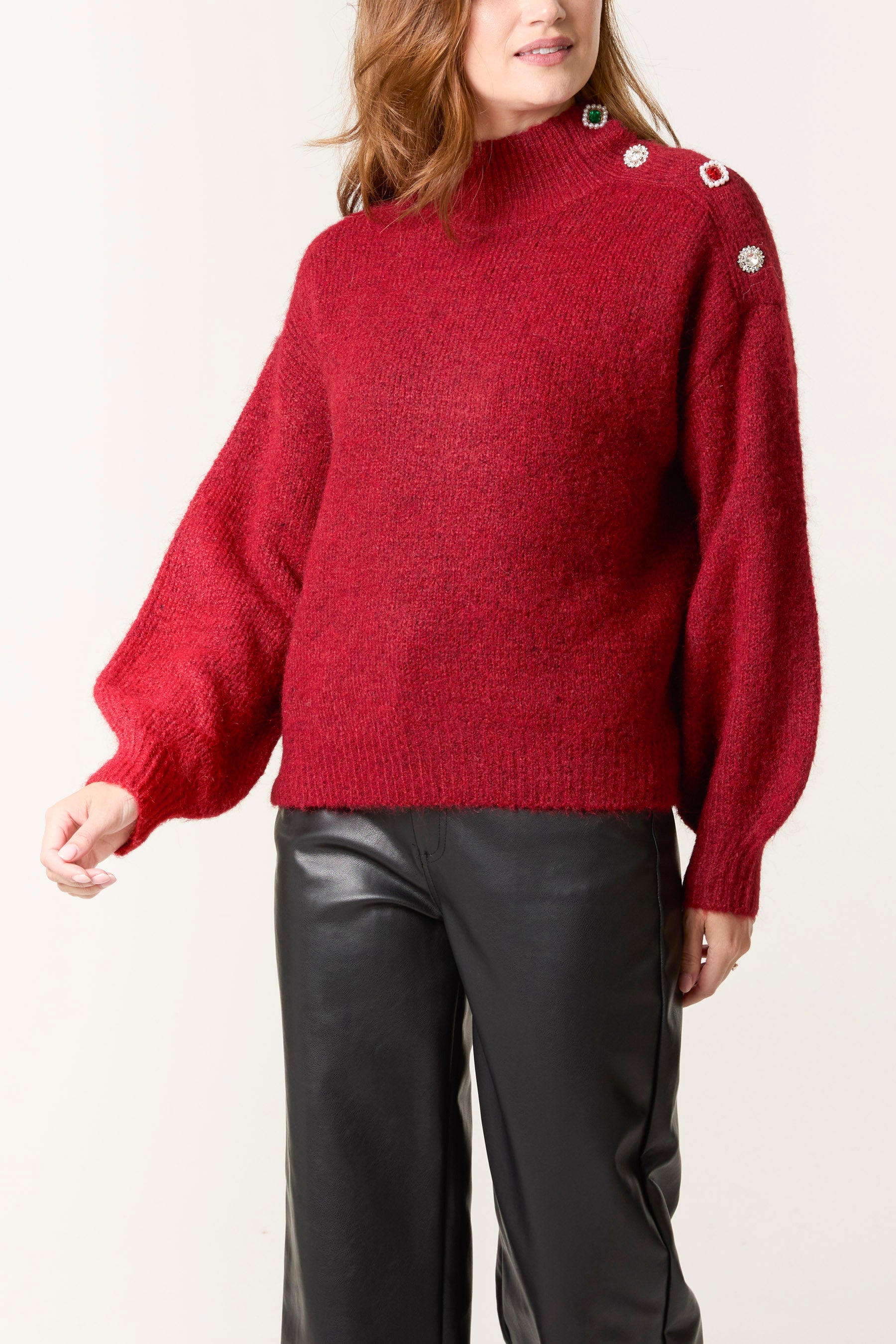Jewel Shoulder High Neck Knit Jumper
