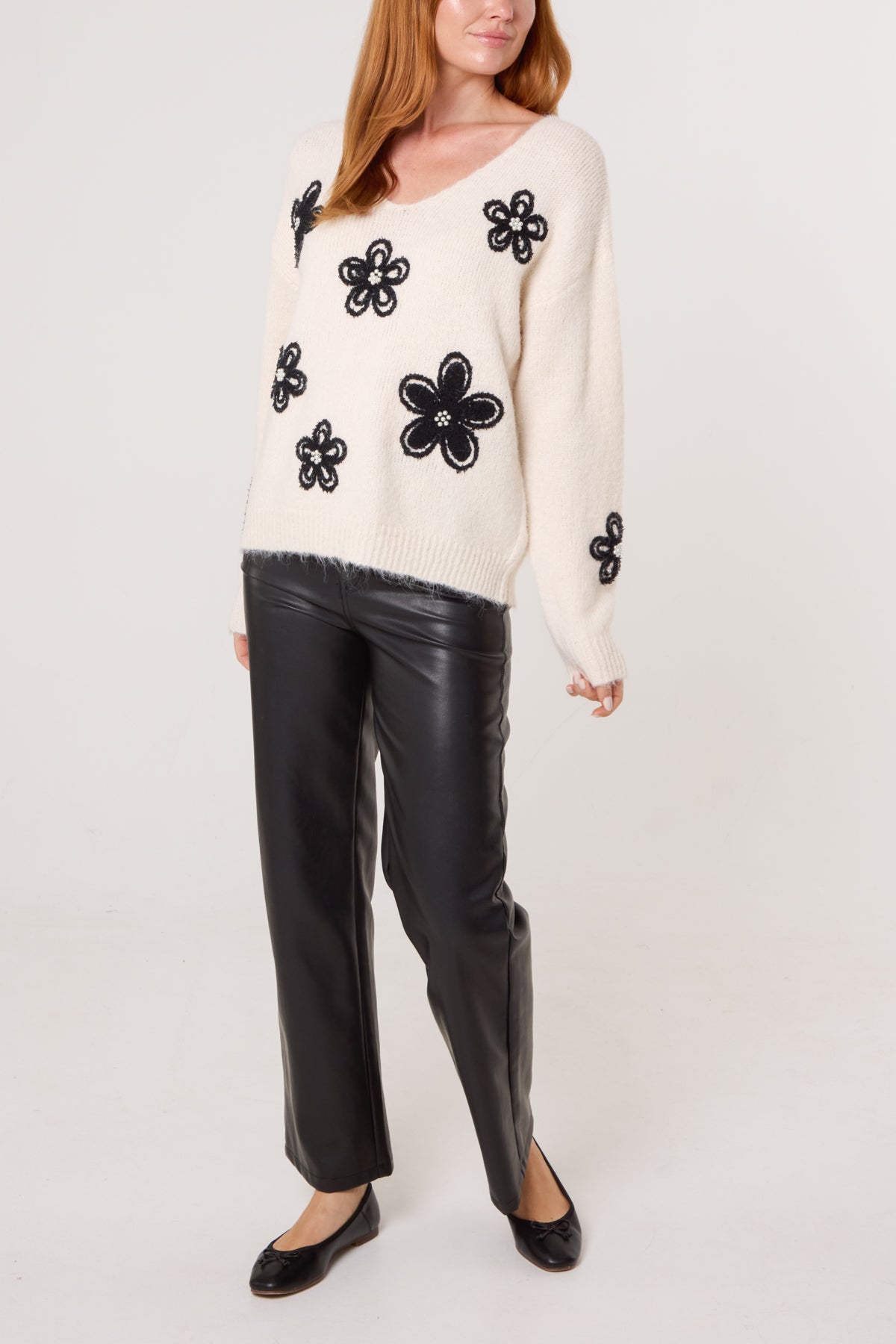 Embellished Flower V-Neck Jumper