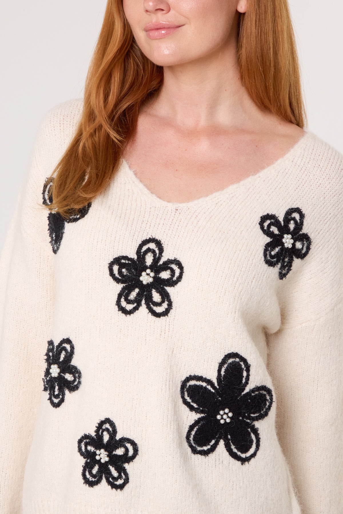 Embellished Flower V-Neck Jumper