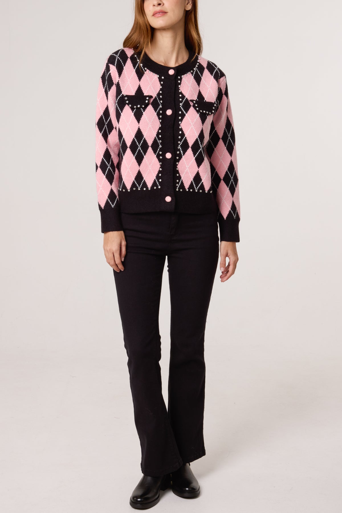 Diamante Argyle-Patterned Knit Cardigan