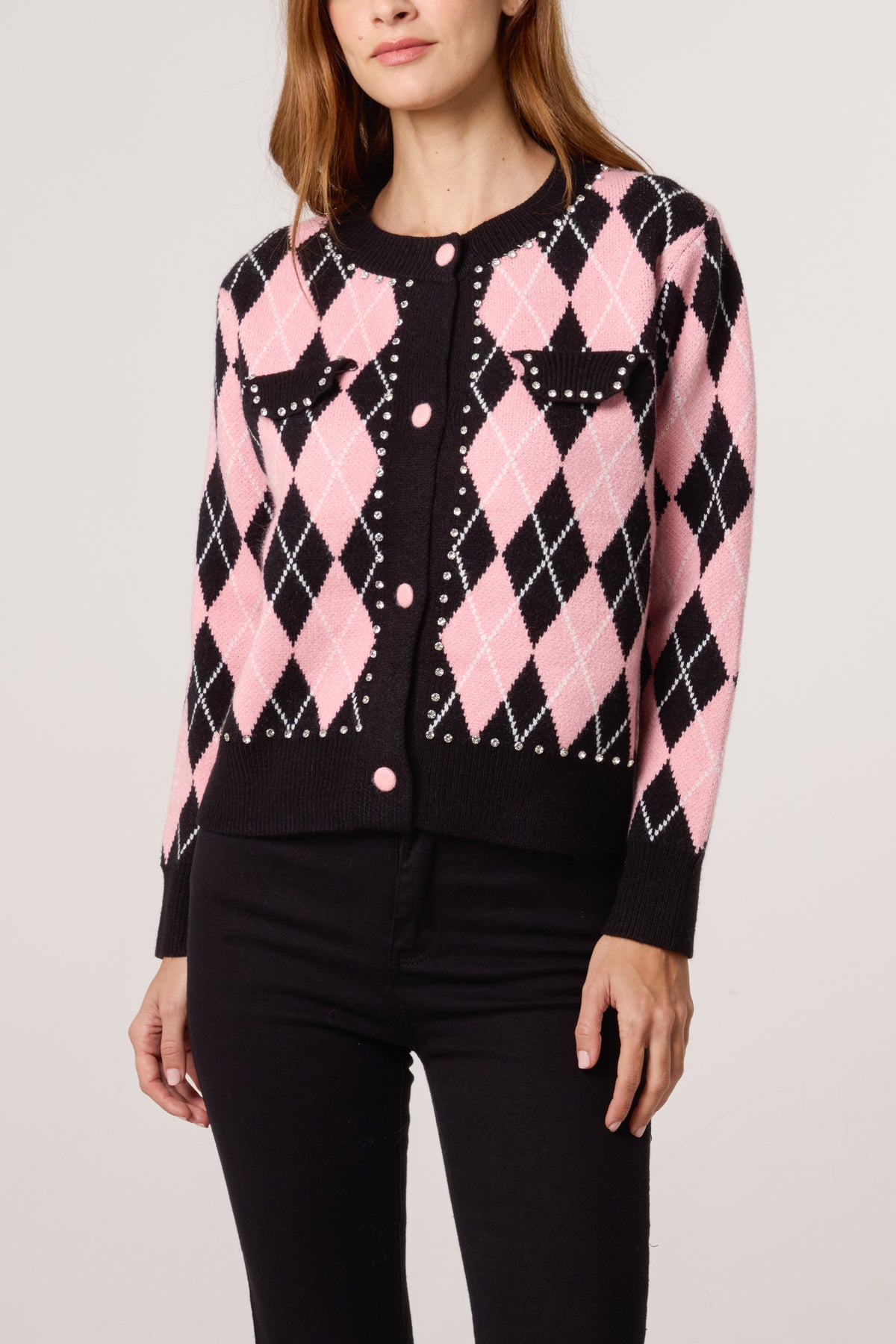 Diamante Argyle-Patterned Knit Cardigan