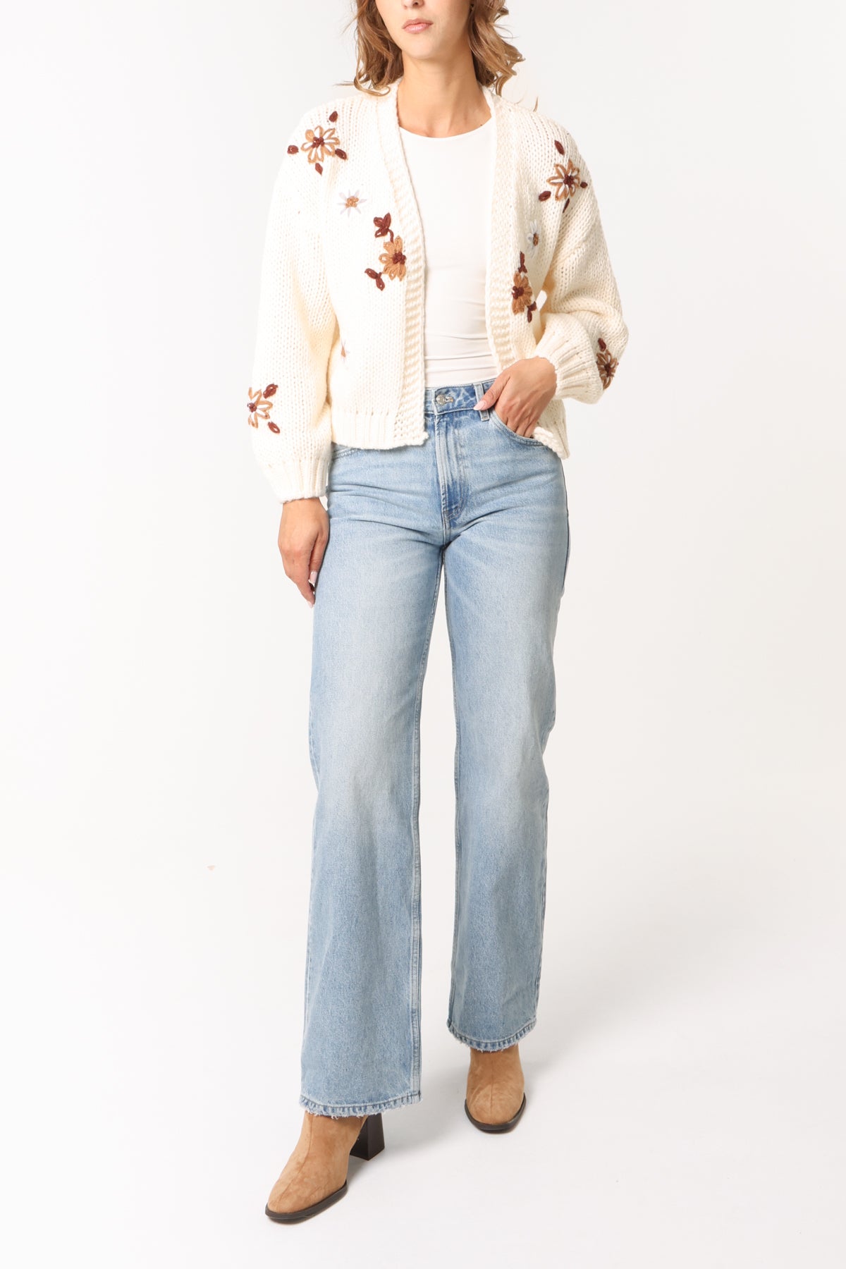 Daisy Embroidery Open Knit Cardigan