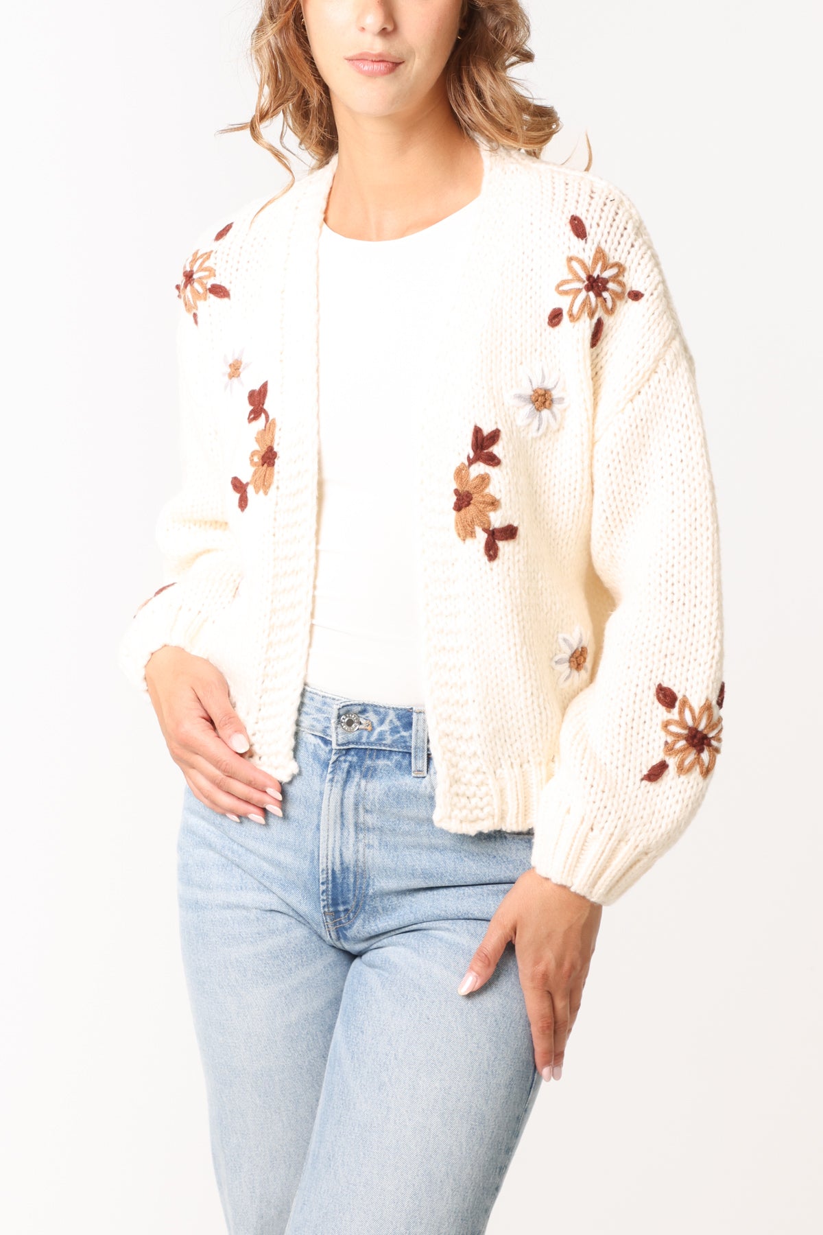 Daisy Embroidery Open Knit Cardigan