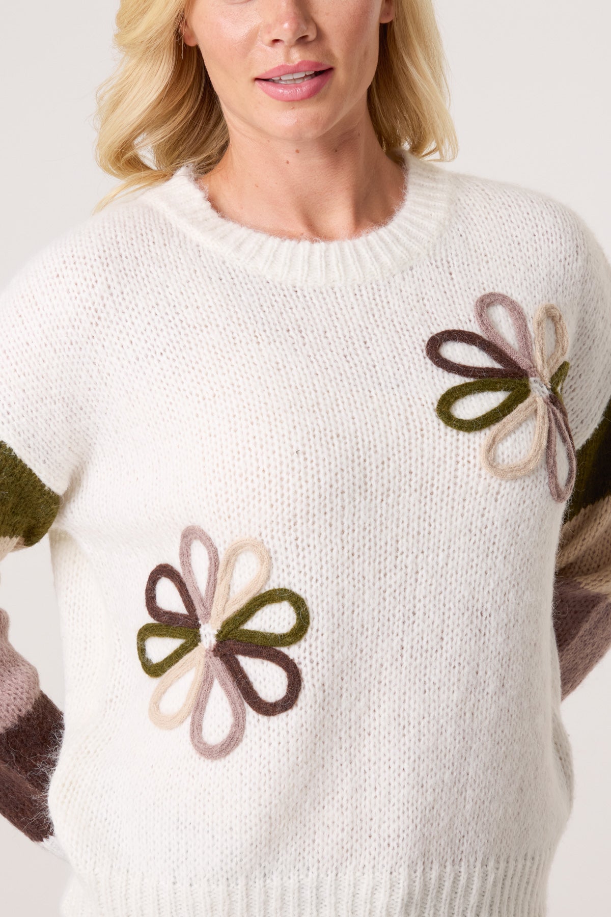 Colourful Floral Embroidery Striped Jumper