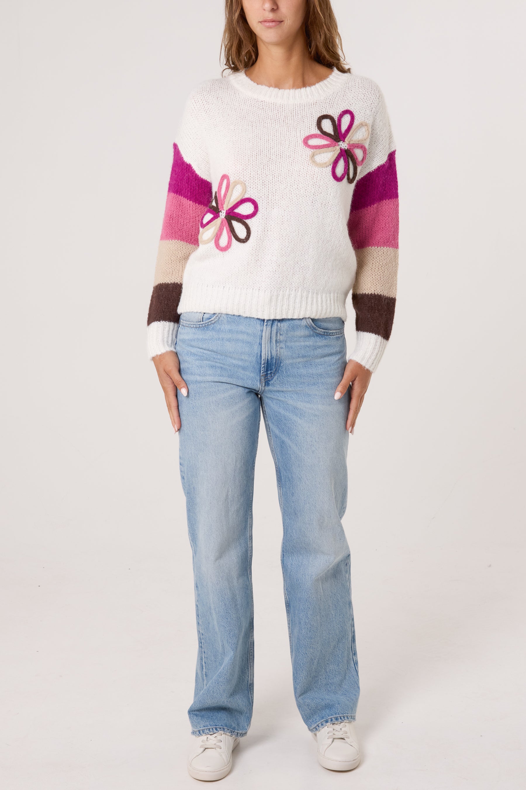 Colourful Floral Embroidery Striped Jumper