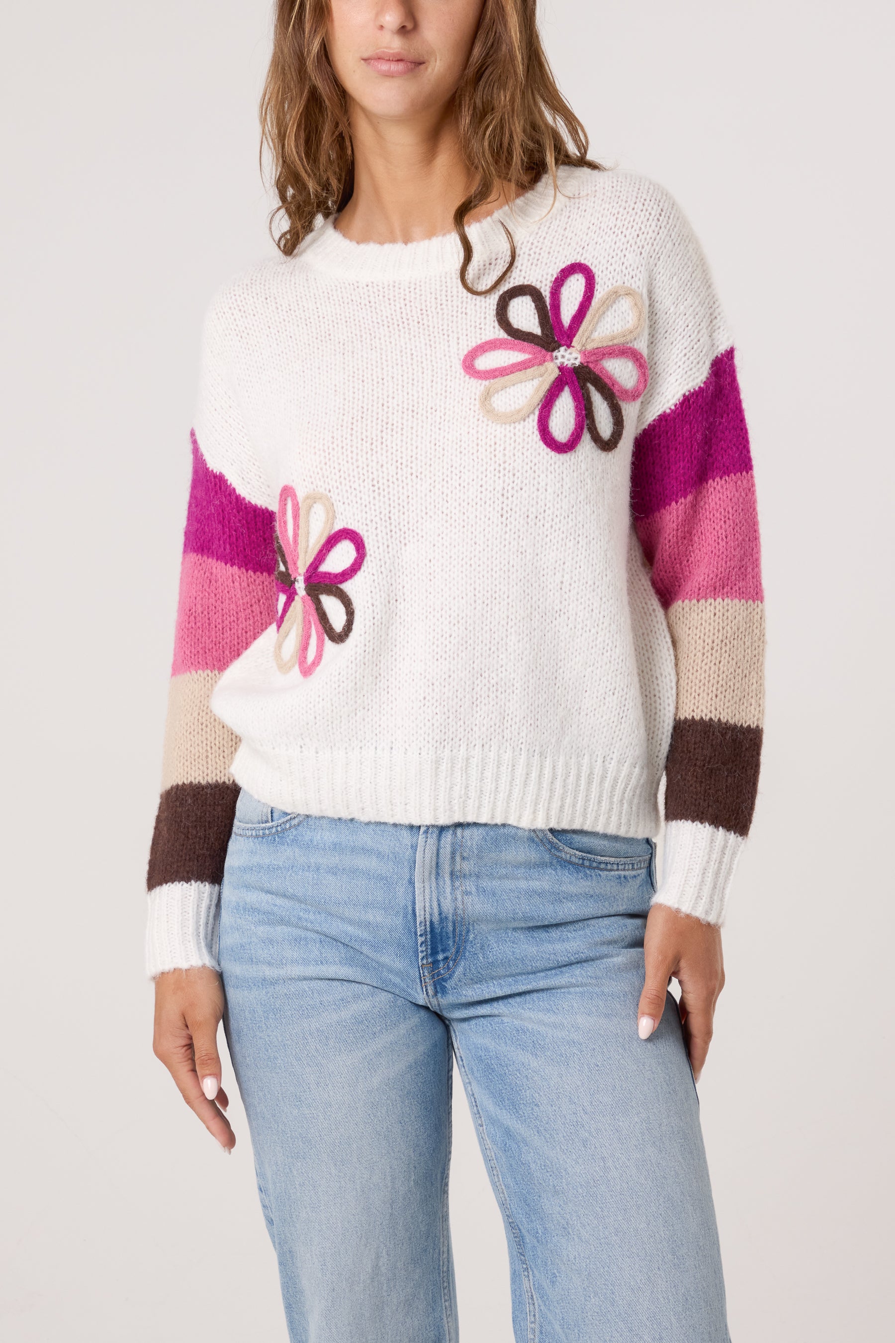 Colourful Floral Embroidery Striped Jumper