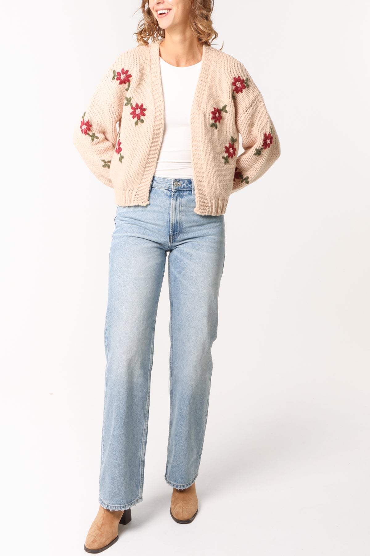 Floral Embroidery Open Knit Cardigan