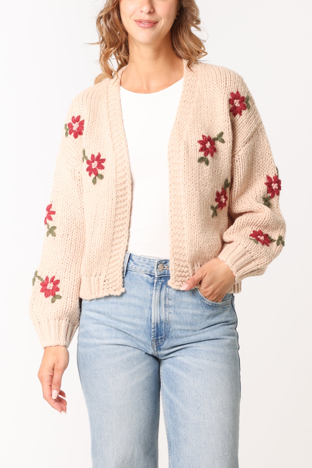 Floral Embroidery Open Knit Cardigan