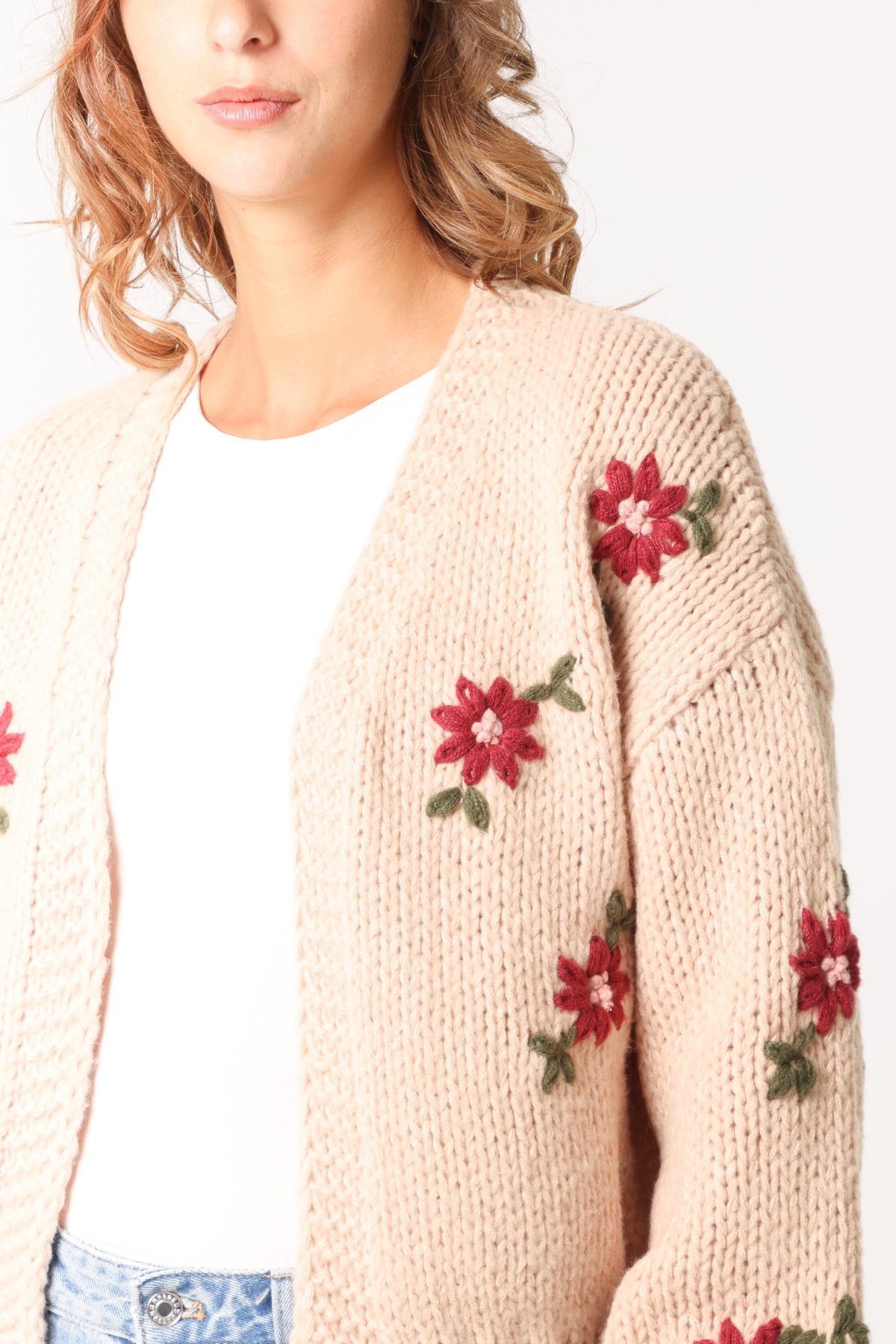Floral Embroidery Open Knit Cardigan