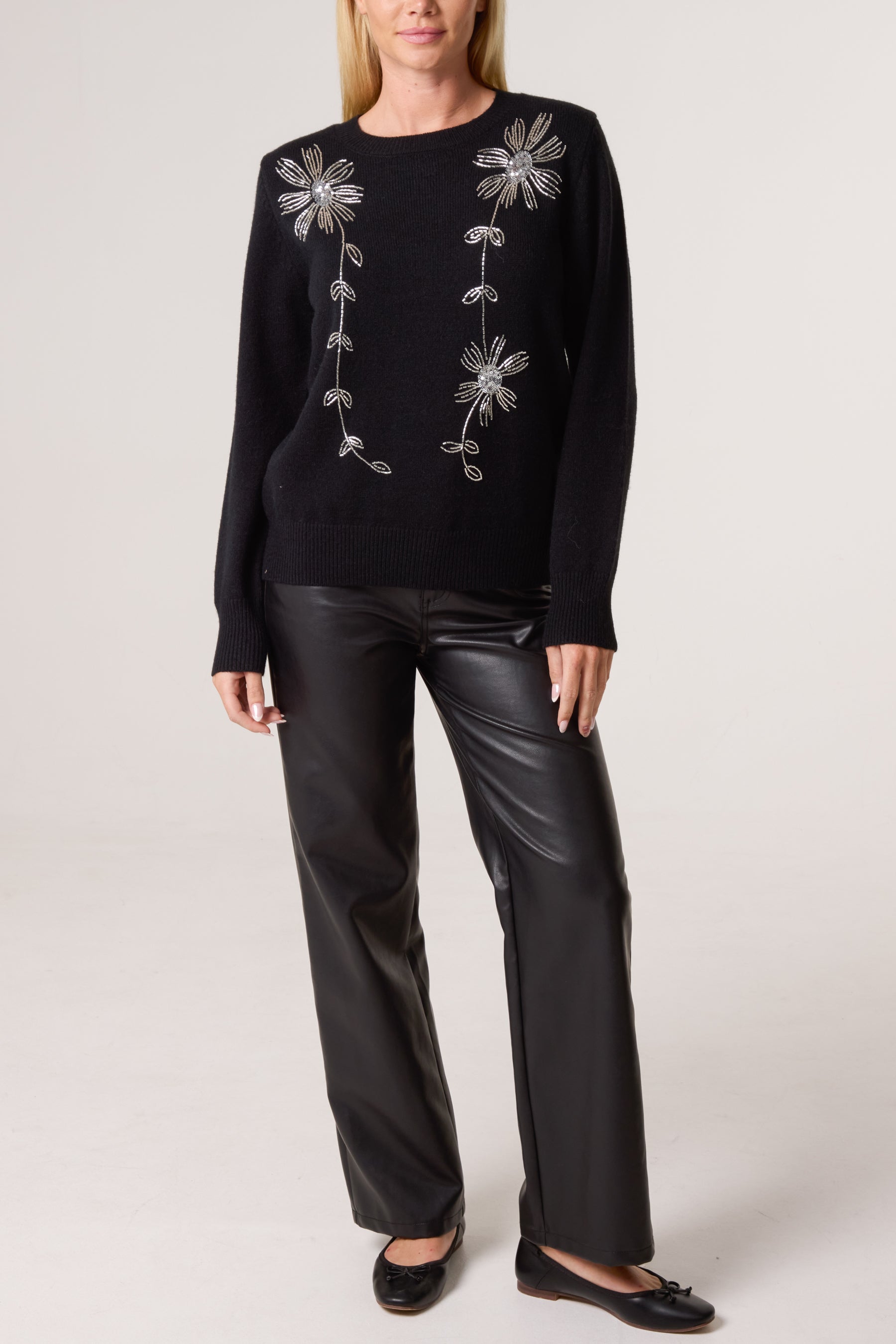 Diamante Flowers Crew Neck Knit Jumper