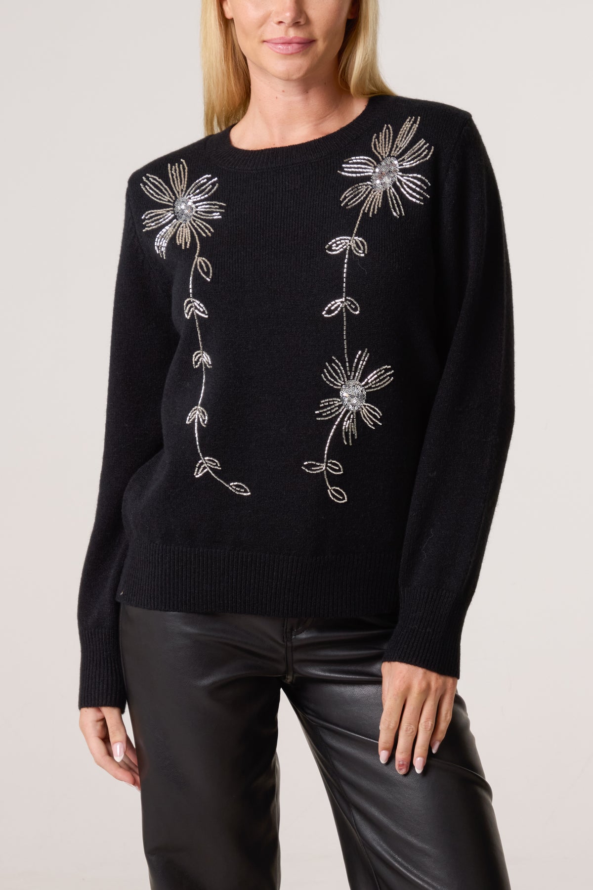 Diamante Flowers Crew Neck Knit Jumper
