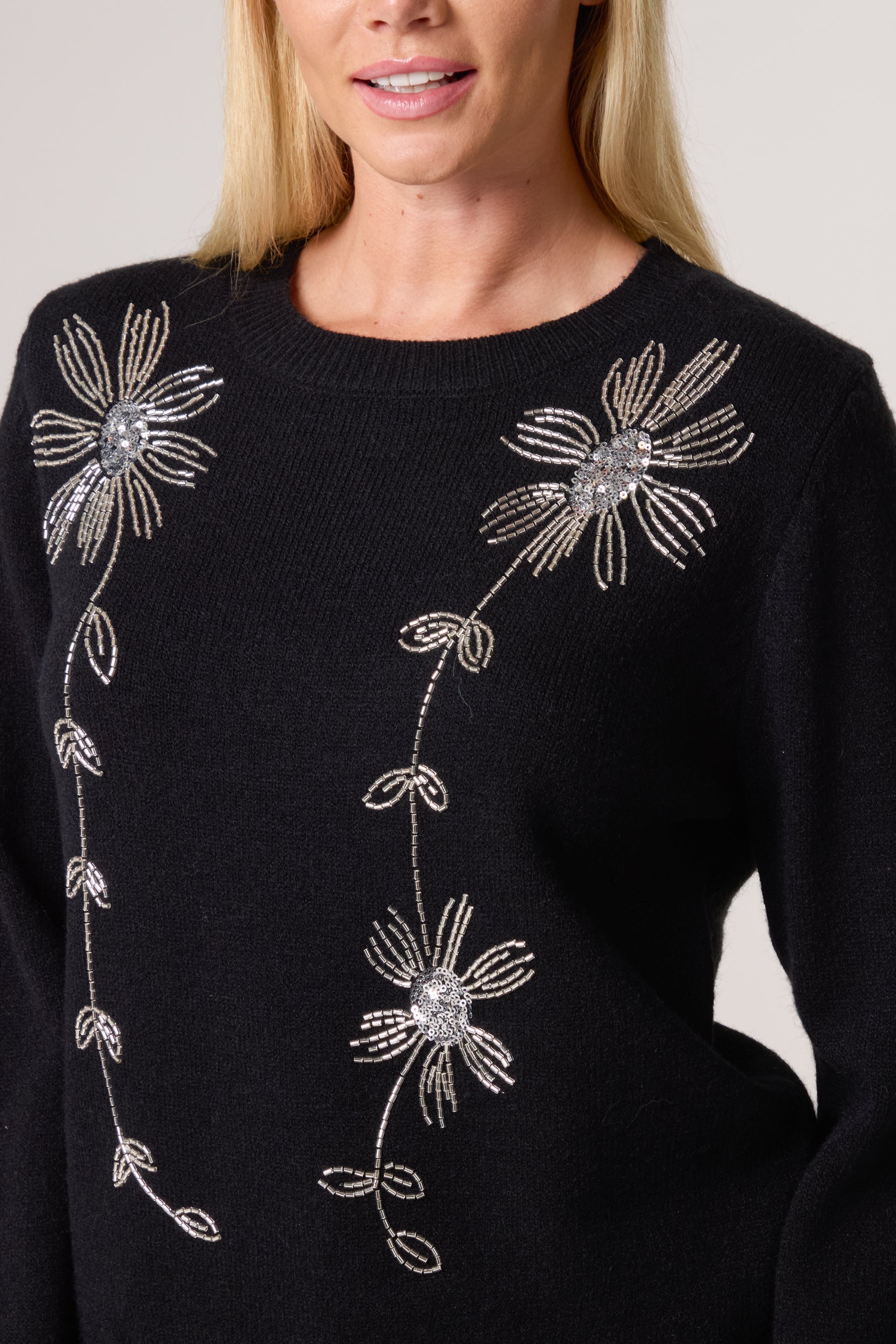 Diamante Flowers Crew Neck Knit Jumper