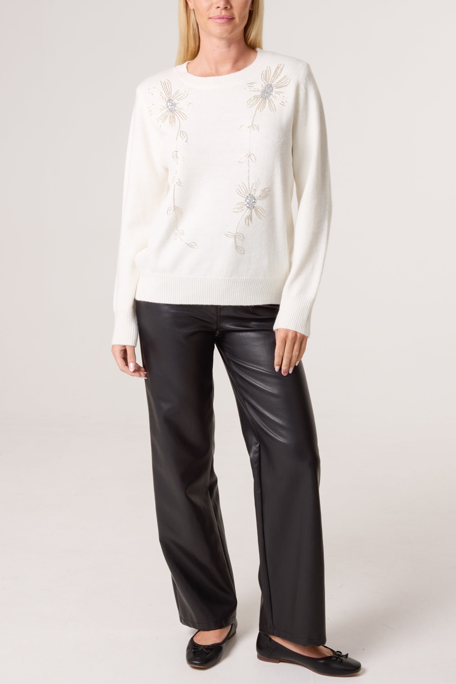 Diamante Flowers Crew Neck Knit Jumper