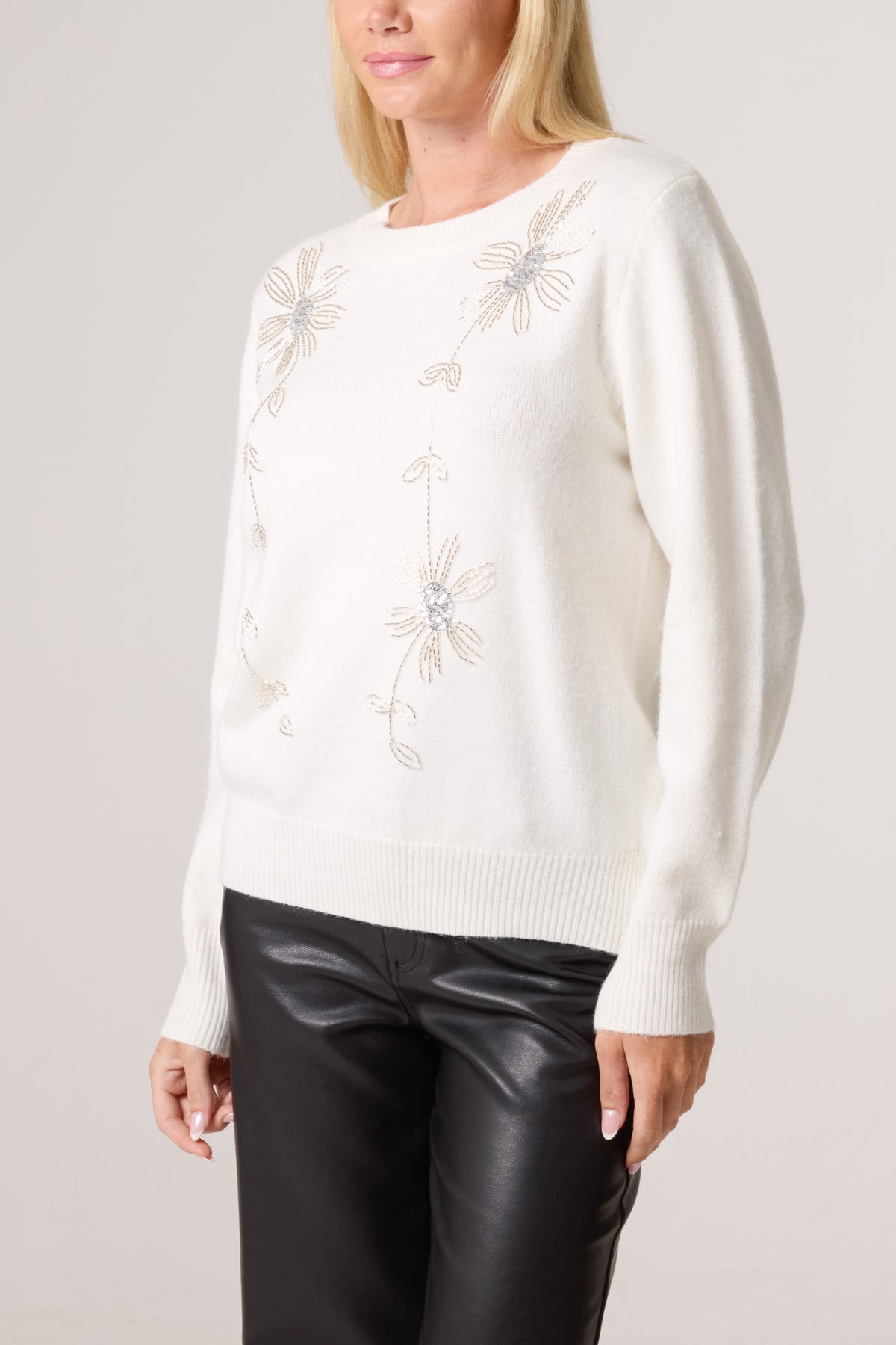 Diamante Flowers Crew Neck Knit Jumper