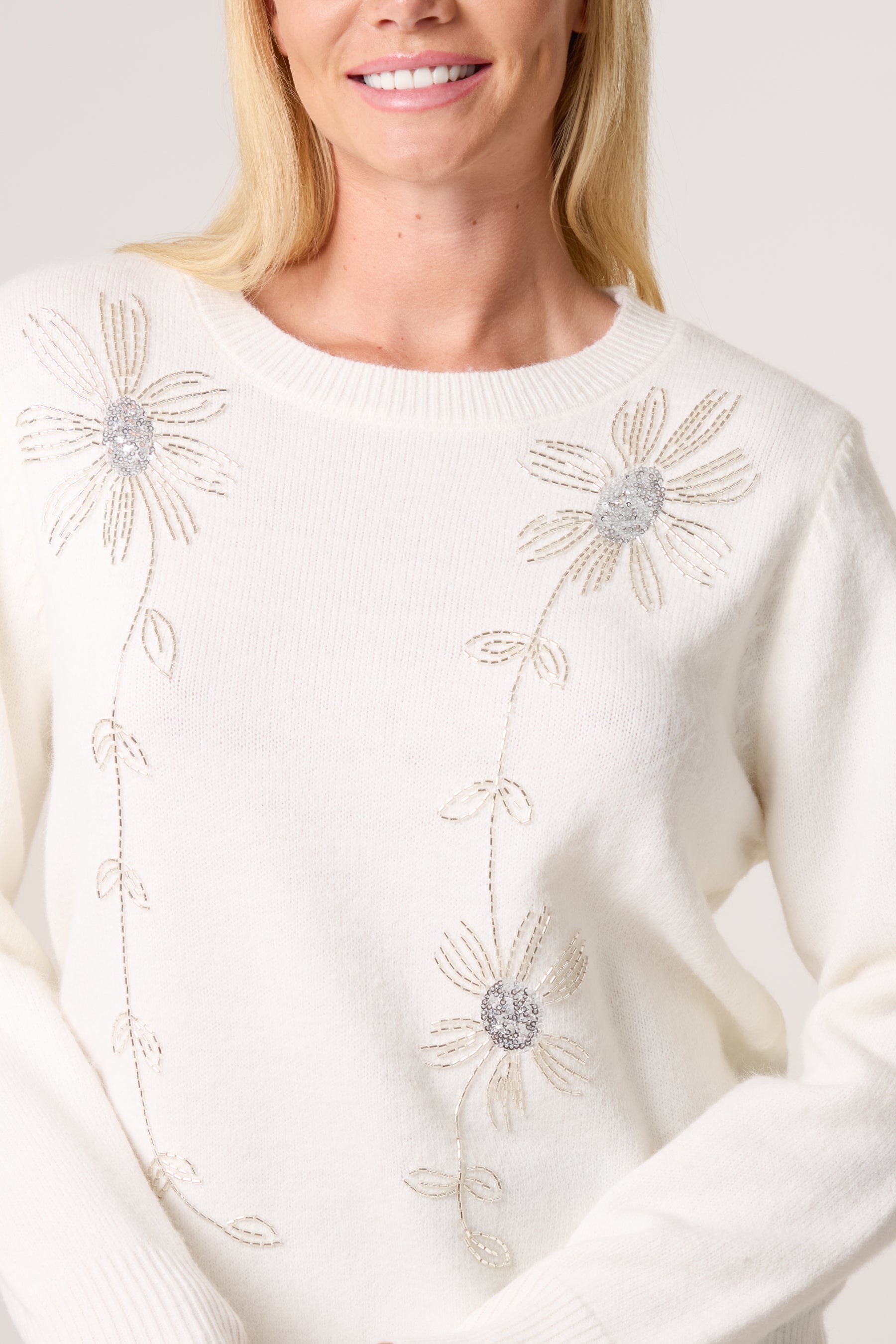 Diamante Flowers Crew Neck Knit Jumper