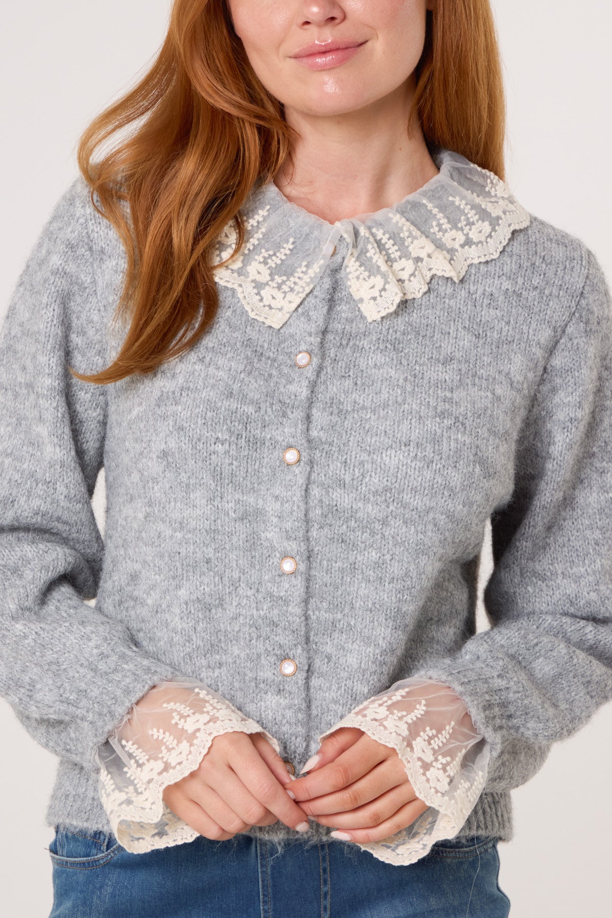 Lace Collar & Cuff Knit Cardigan