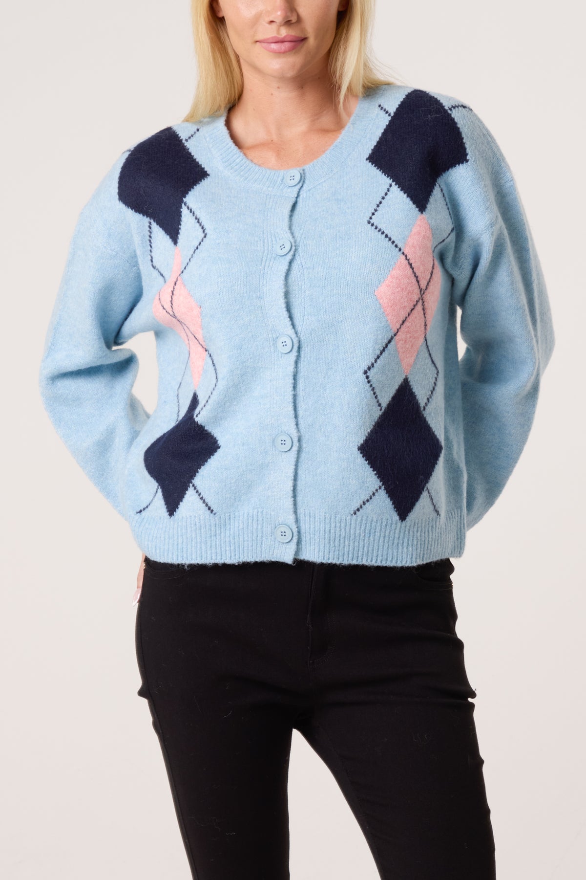 Diamond Argyle Round Neck Cardigan