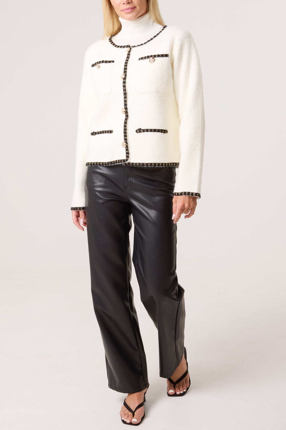 Plain Knit Contrast Trim Cardigan