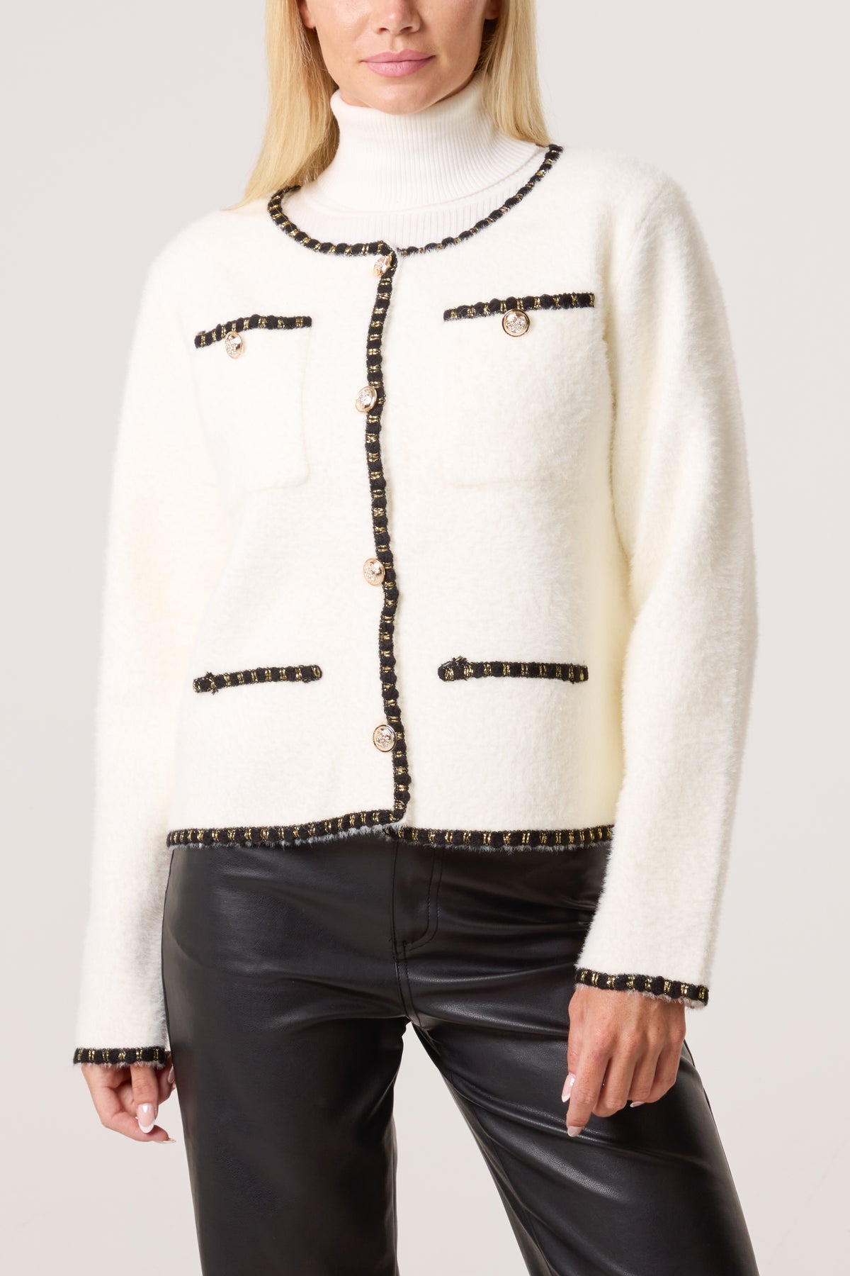 Plain Knit Contrast Trim Cardigan