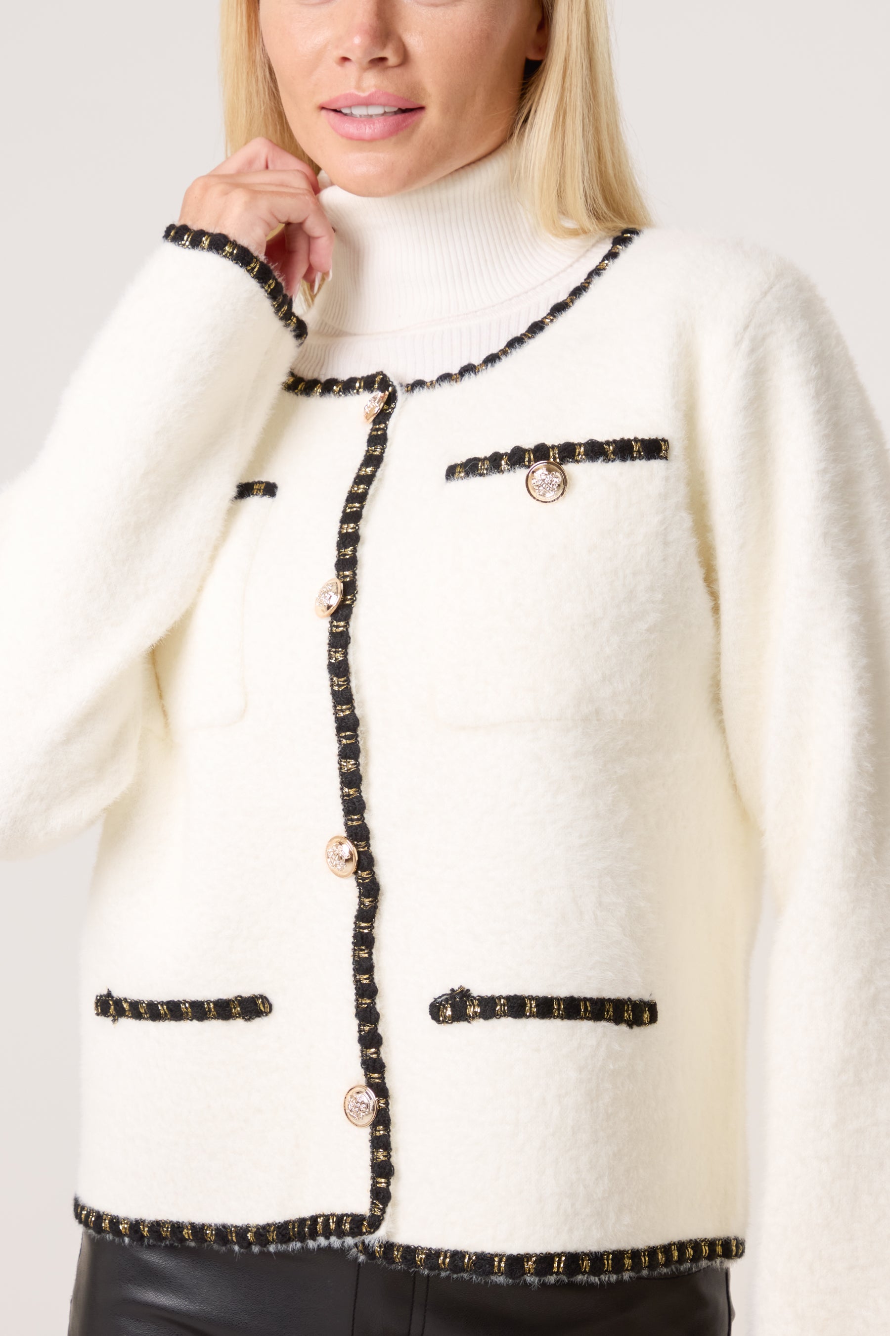 Plain Knit Contrast Trim Cardigan