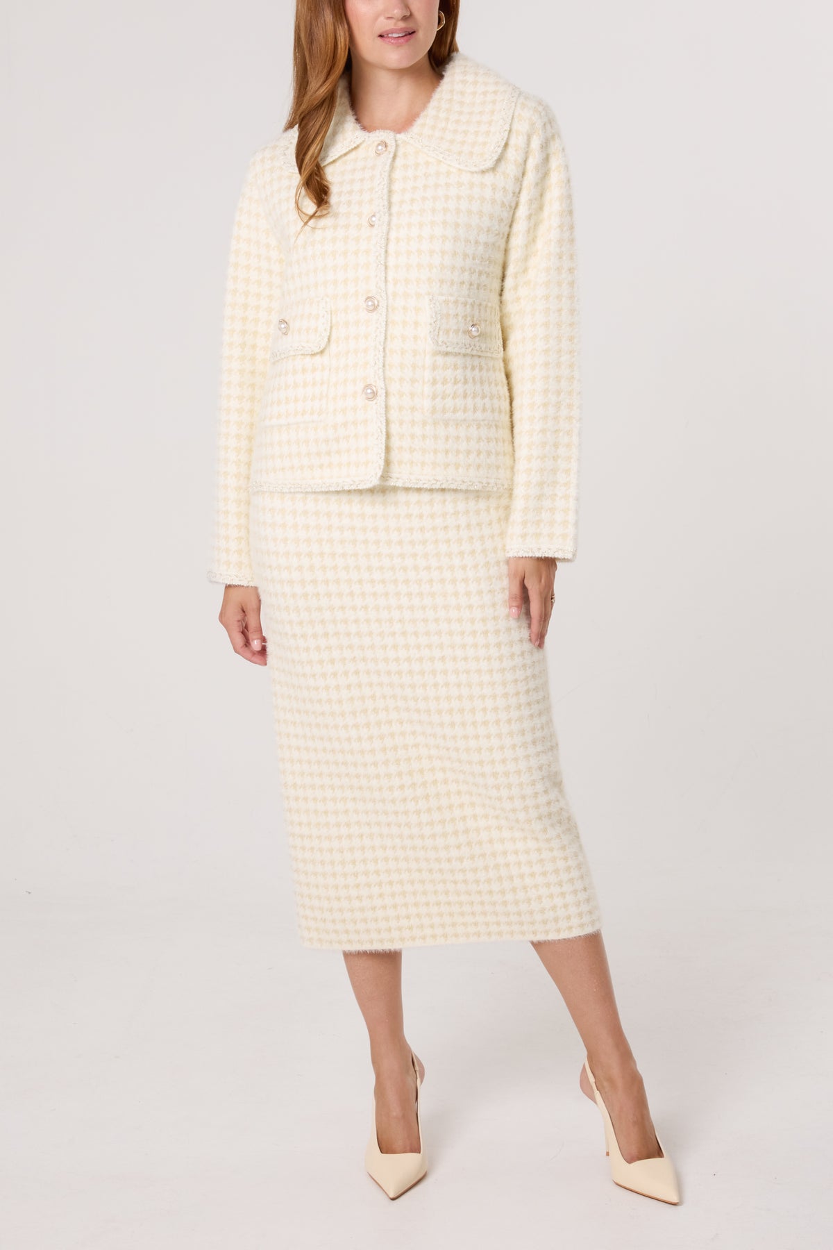 Pearl Button Check Knit Cardigan & Skirt