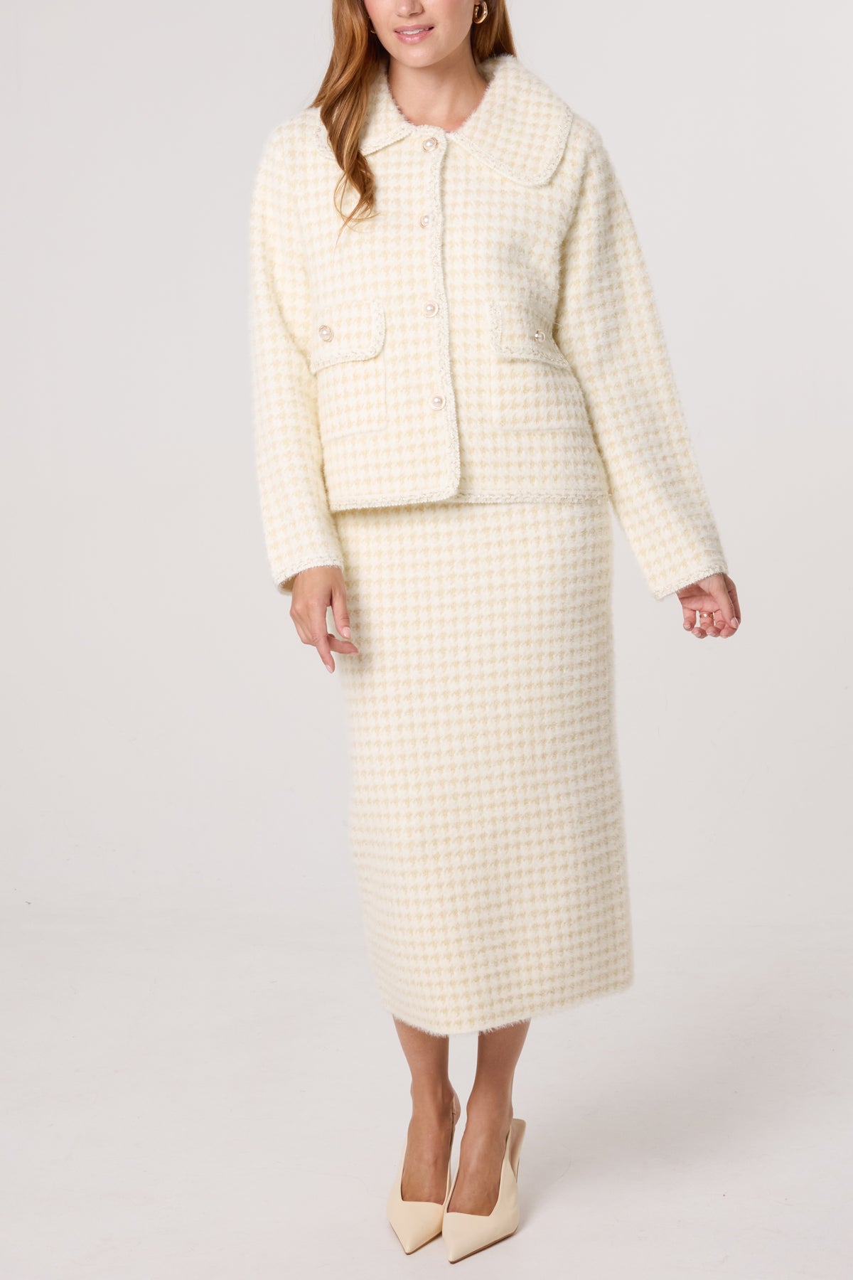 Pearl Button Check Knit Cardigan & Skirt