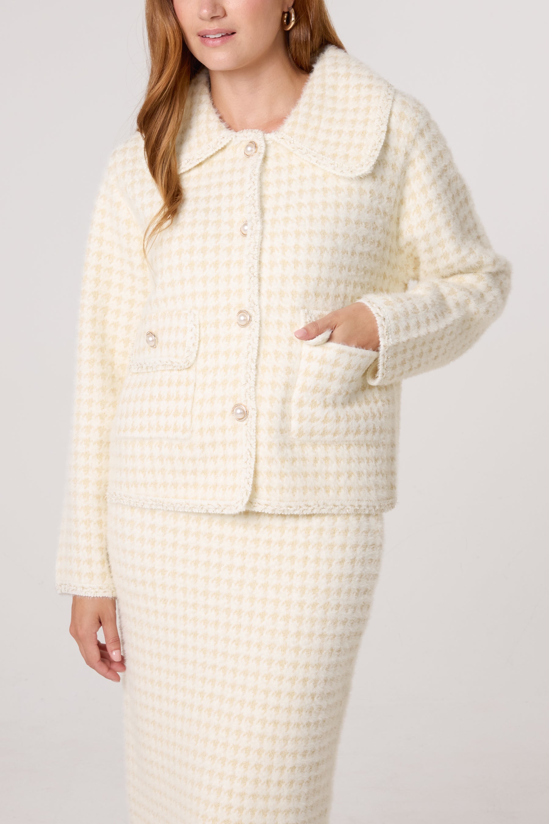 Pearl Button Check Knit Cardigan & Skirt