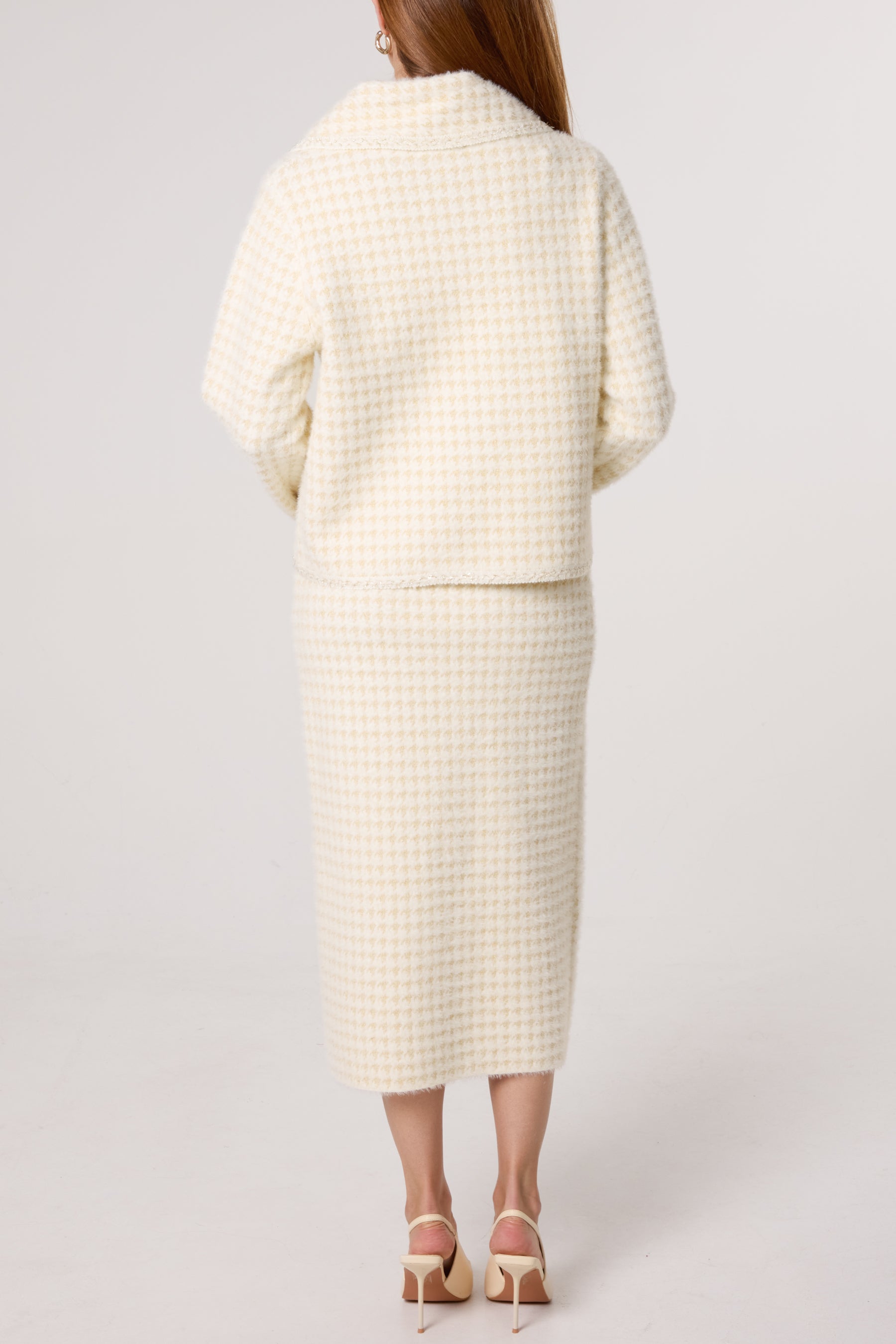 Pearl Button Check Knit Cardigan & Skirt