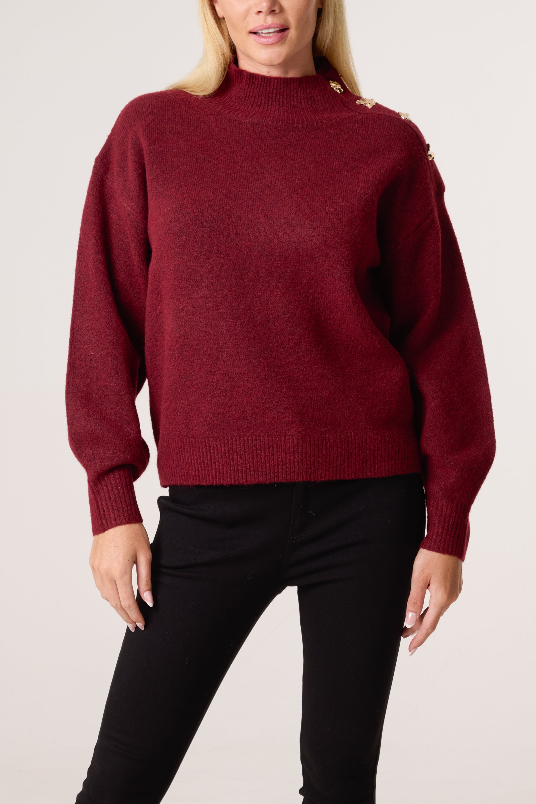 Gold Button Shoulder High Neck Jumper
