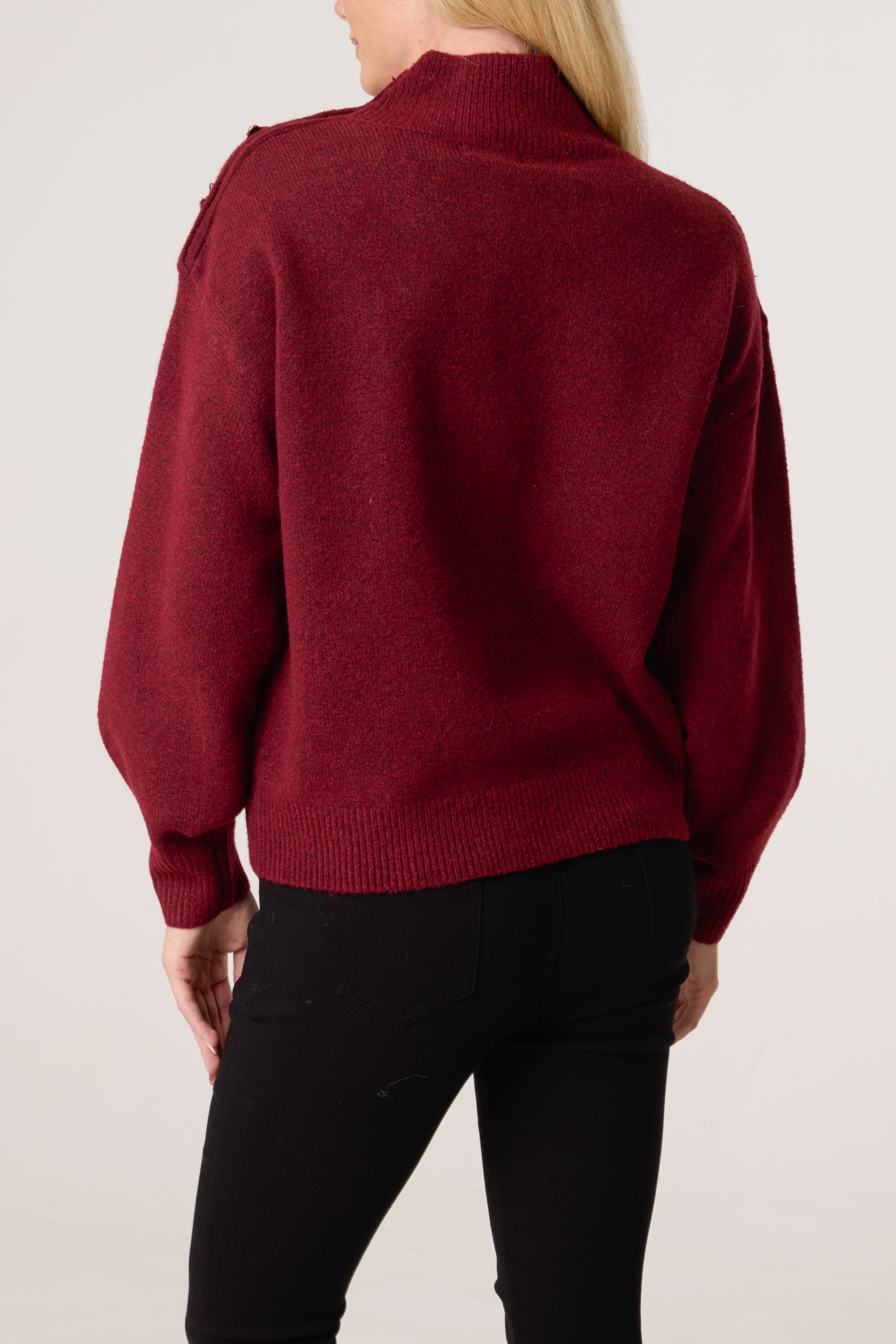 Gold Button Shoulder High Neck Jumper